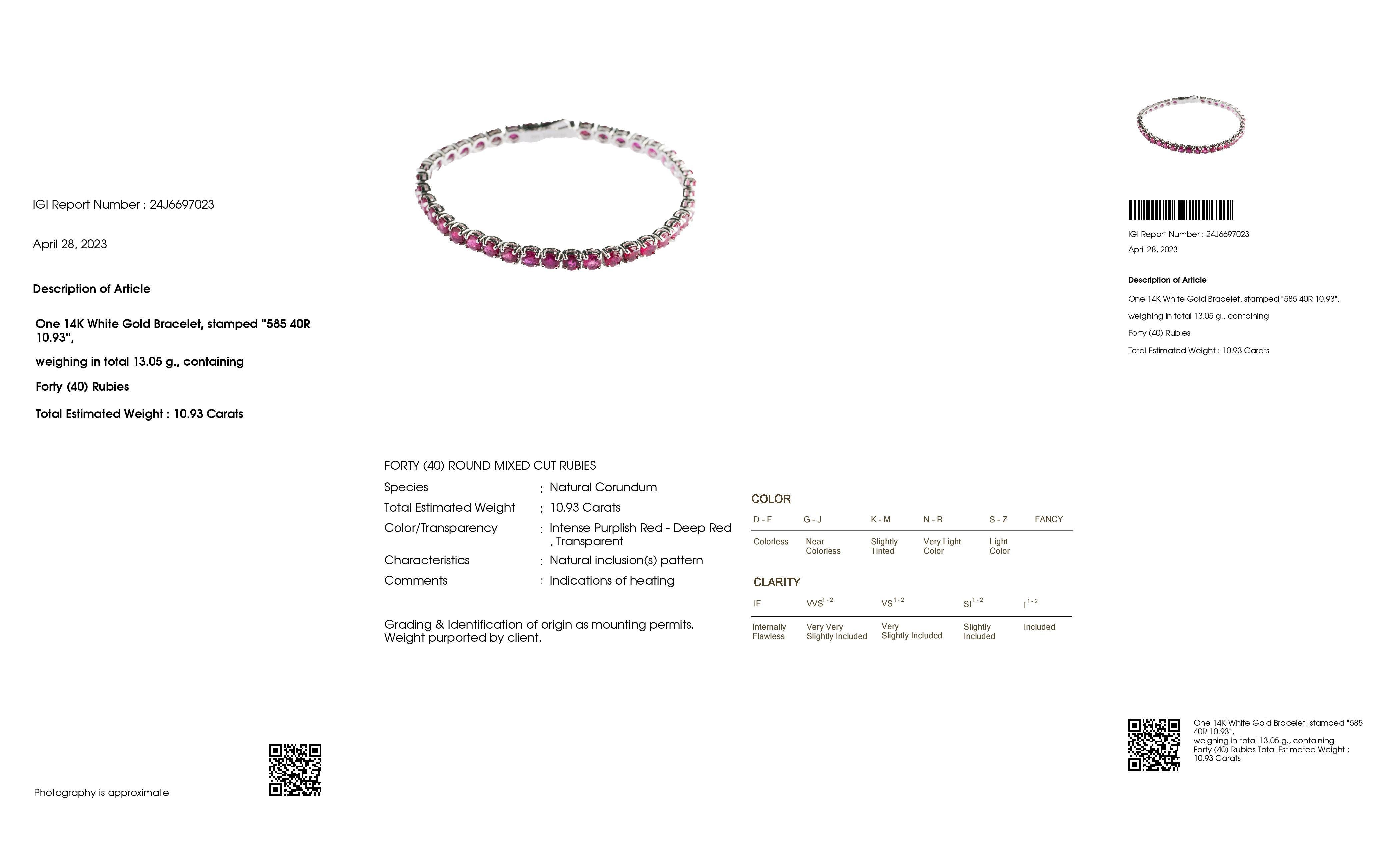 IGI Certified 10.93ct Natural Rubies 14K White Gold Bracelet 1