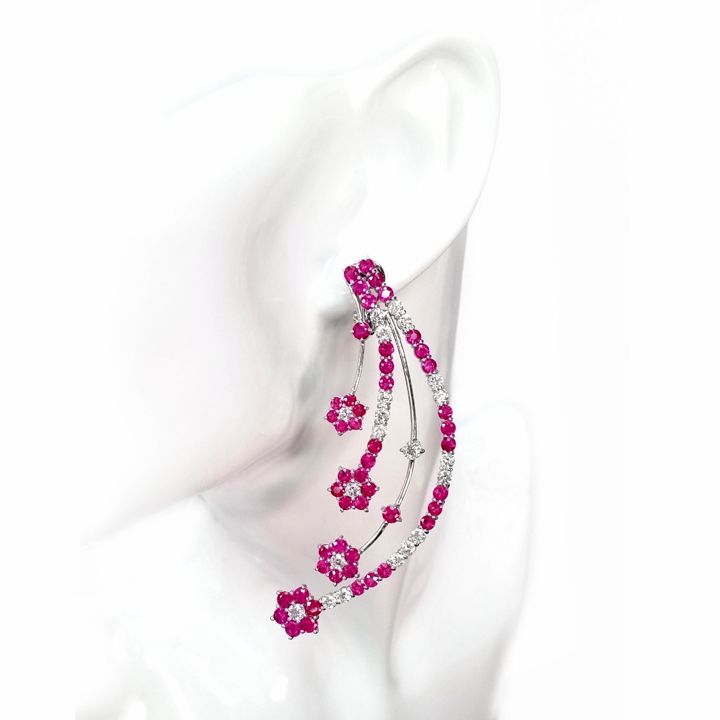 Round Cut IGI Certified 10ct Natural Rubies and 3.60ct Diamonds 18k White Gold Earrings For Sale