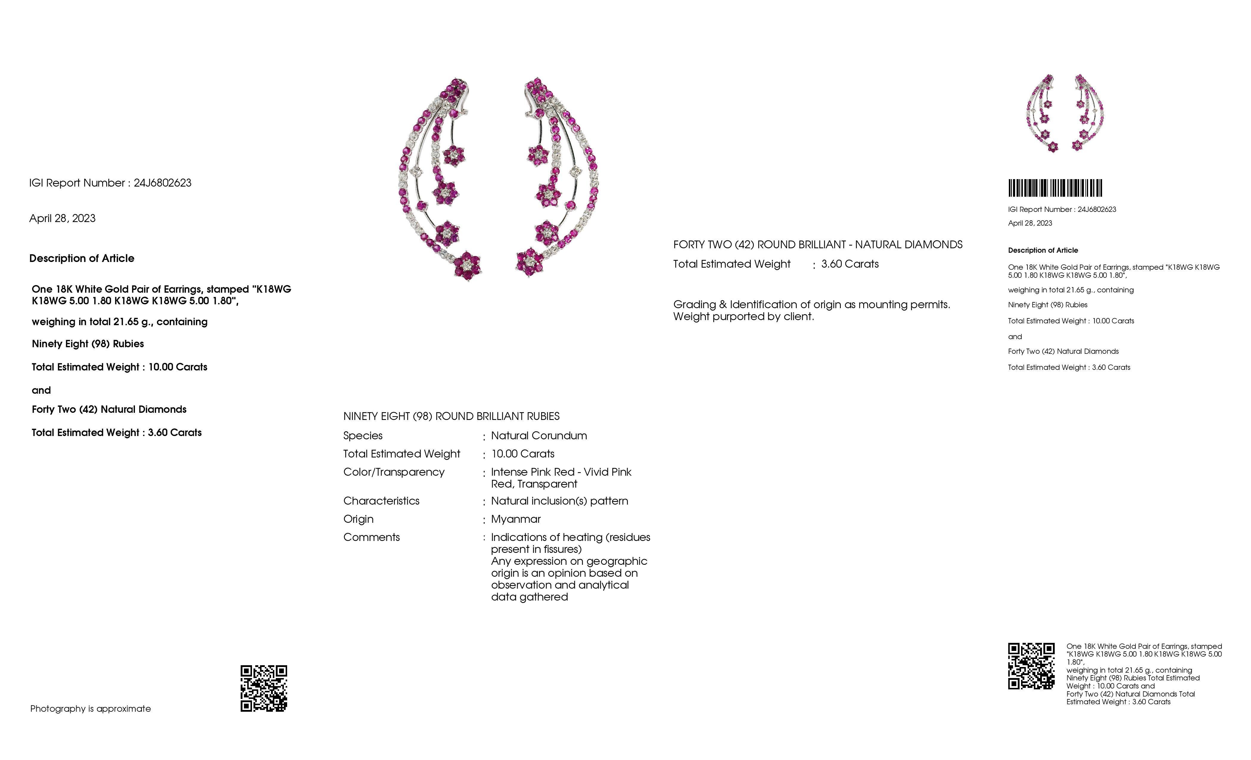 Women's IGI Certified 10.00ct Natural Rubies and 3.60ct Diamonds 18k White Gold Earrings For Sale