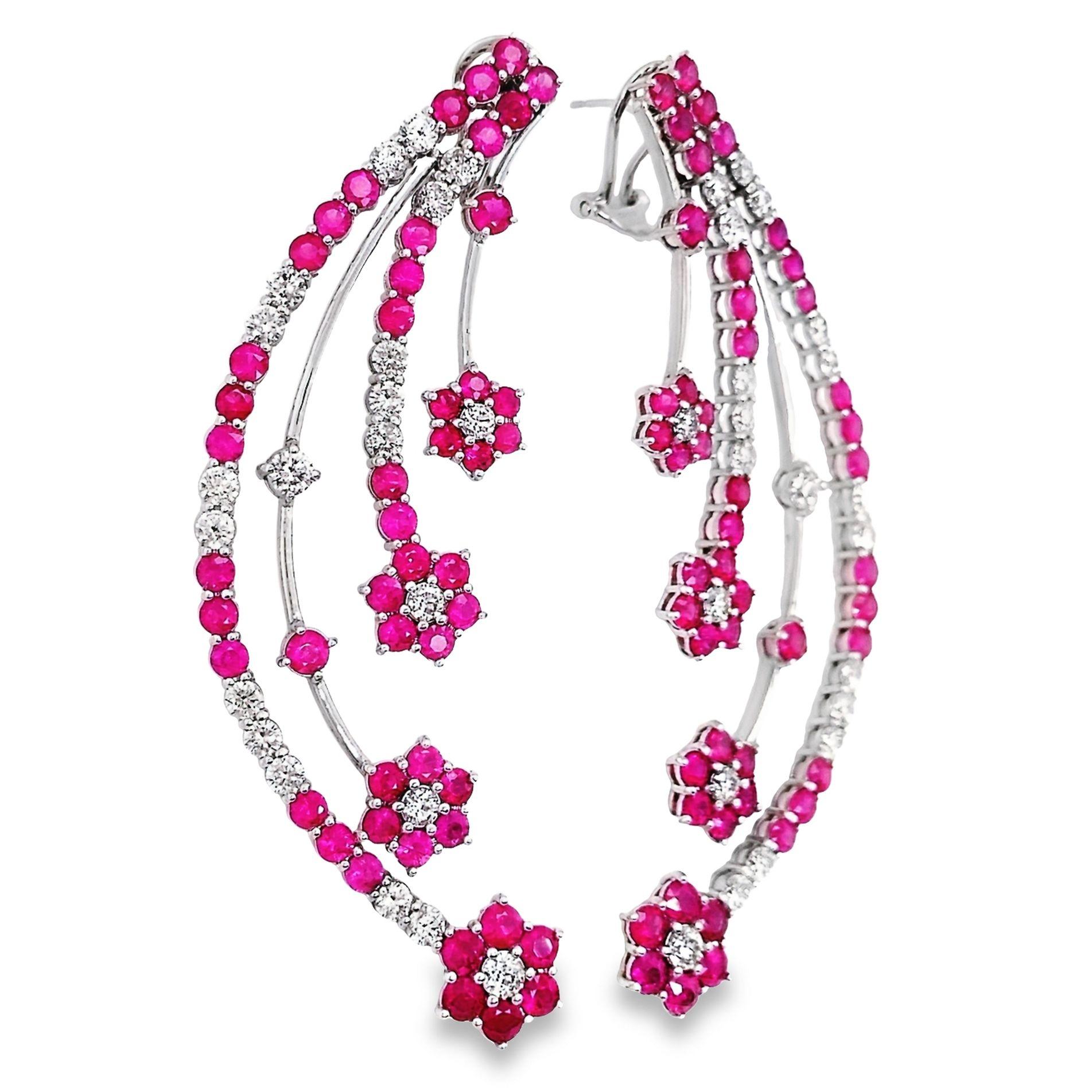 IGI Certified 10.00ct Natural Rubies and 3.60ct Diamonds 18k White Gold Earrings For Sale 1