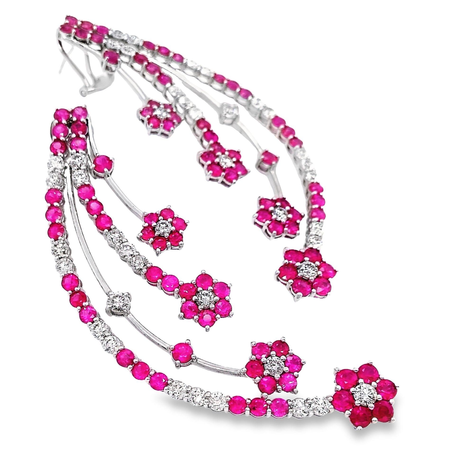 IGI Certified 10.00ct Natural Rubies and 3.60ct Diamonds 18k White Gold Earrings For Sale 2