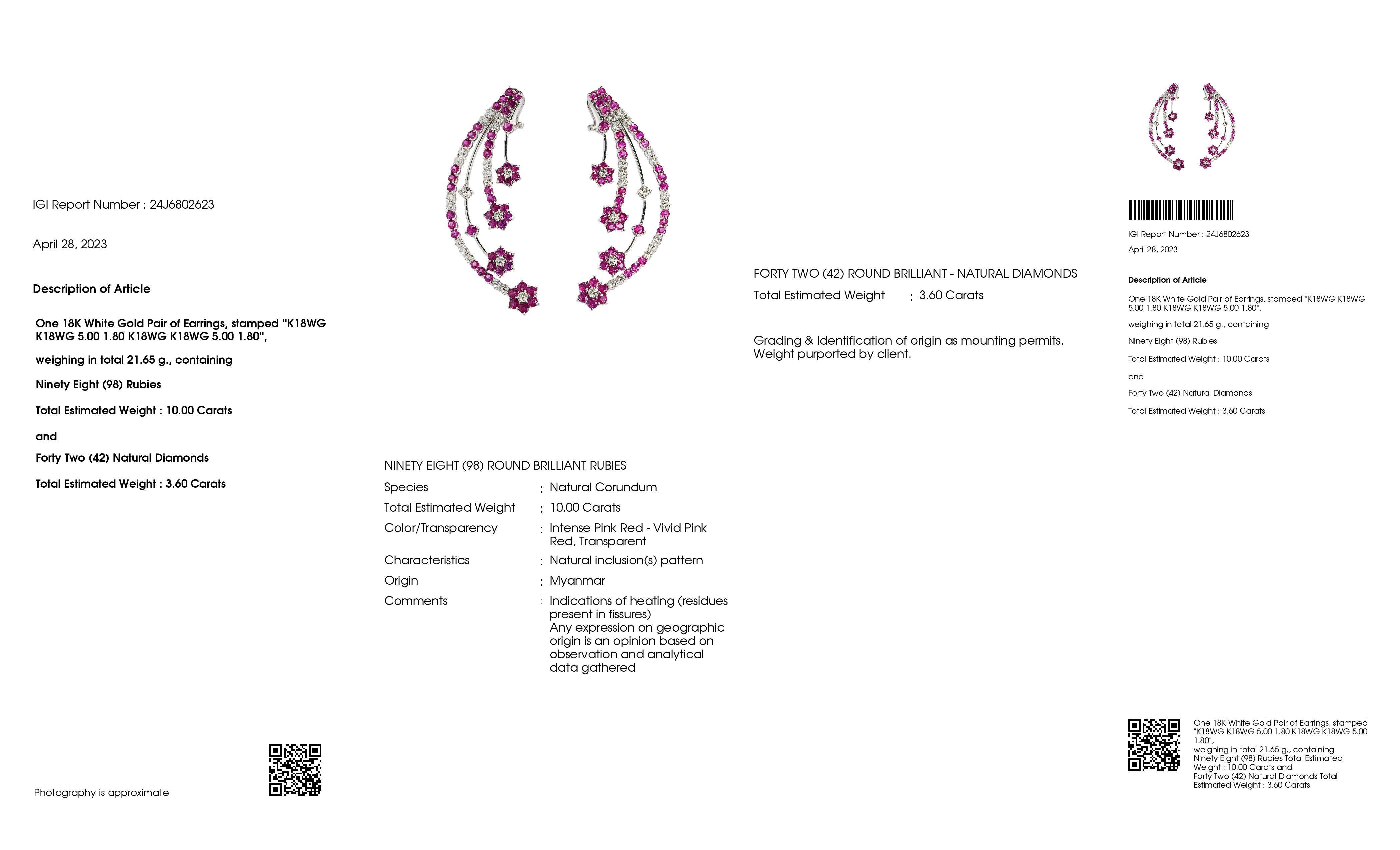 Ohrringe aus 18 Karat Weißgold mit IGI-zertifizierten 10 Karat natürlichen Rubinen und 3,60 Karat Diamanten 3