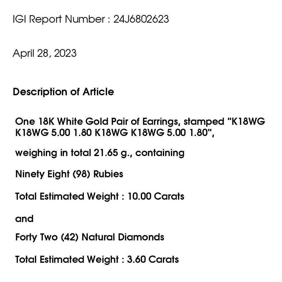 IGI Certified 10.00ct Natural Rubies and 3.60ct Diamonds 18k White Gold Earrings For Sale 4