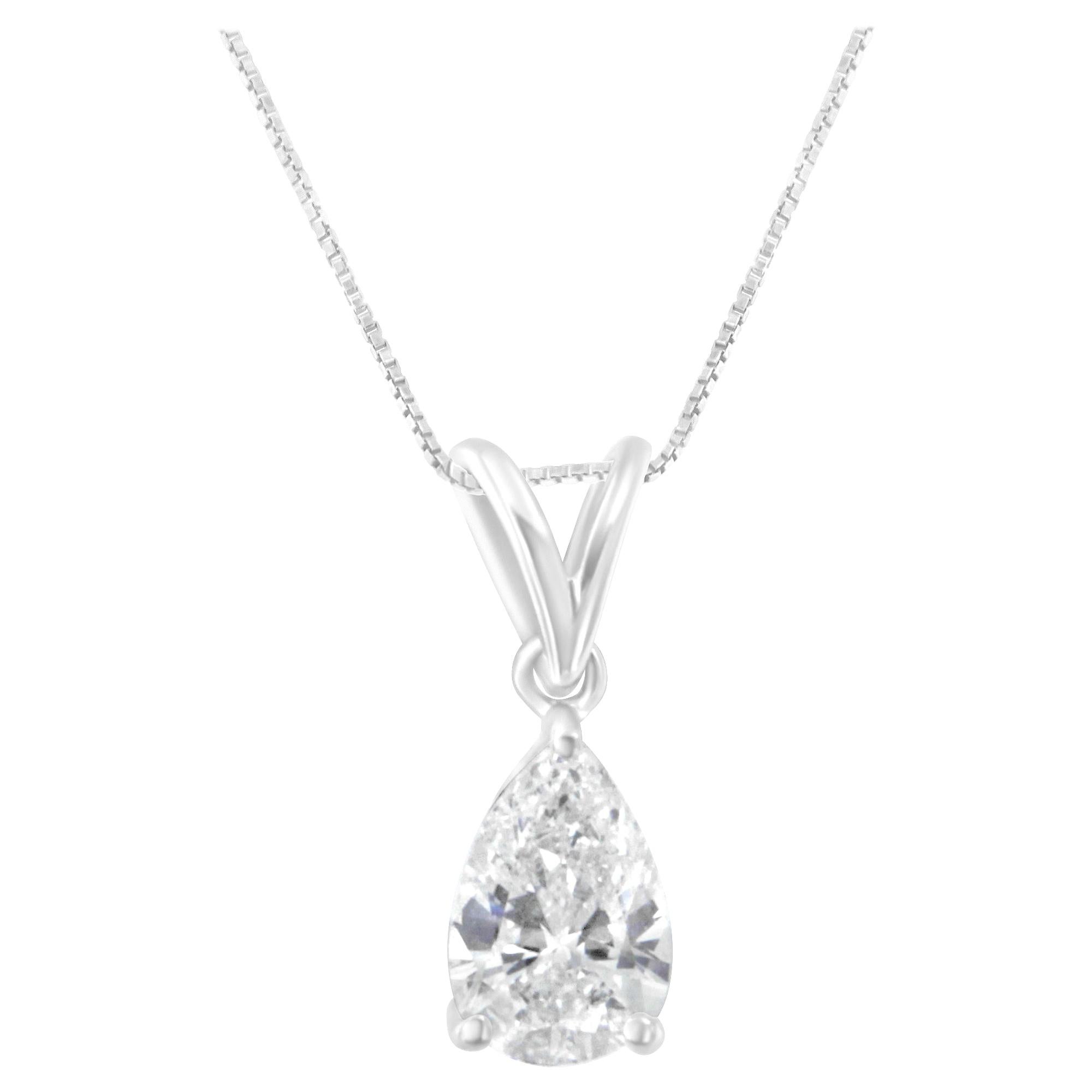 IGI Certified 10K White Gold 1/2 Carat Diamond Pear Pendant Necklace For Sale