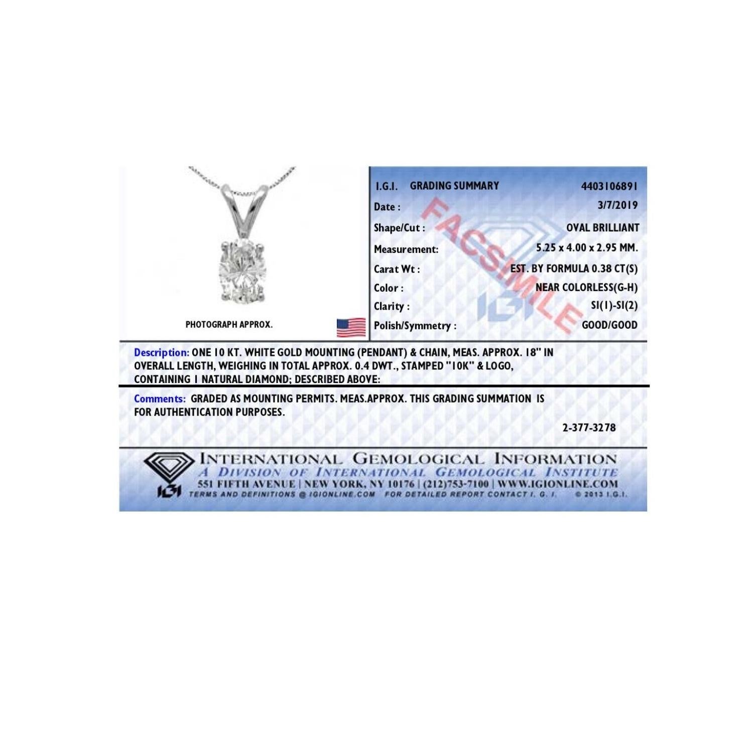 Women's IGI Certified 10K White Gold 3/8 Carat Oval Diamond Solitaire Pendant Necklace For Sale