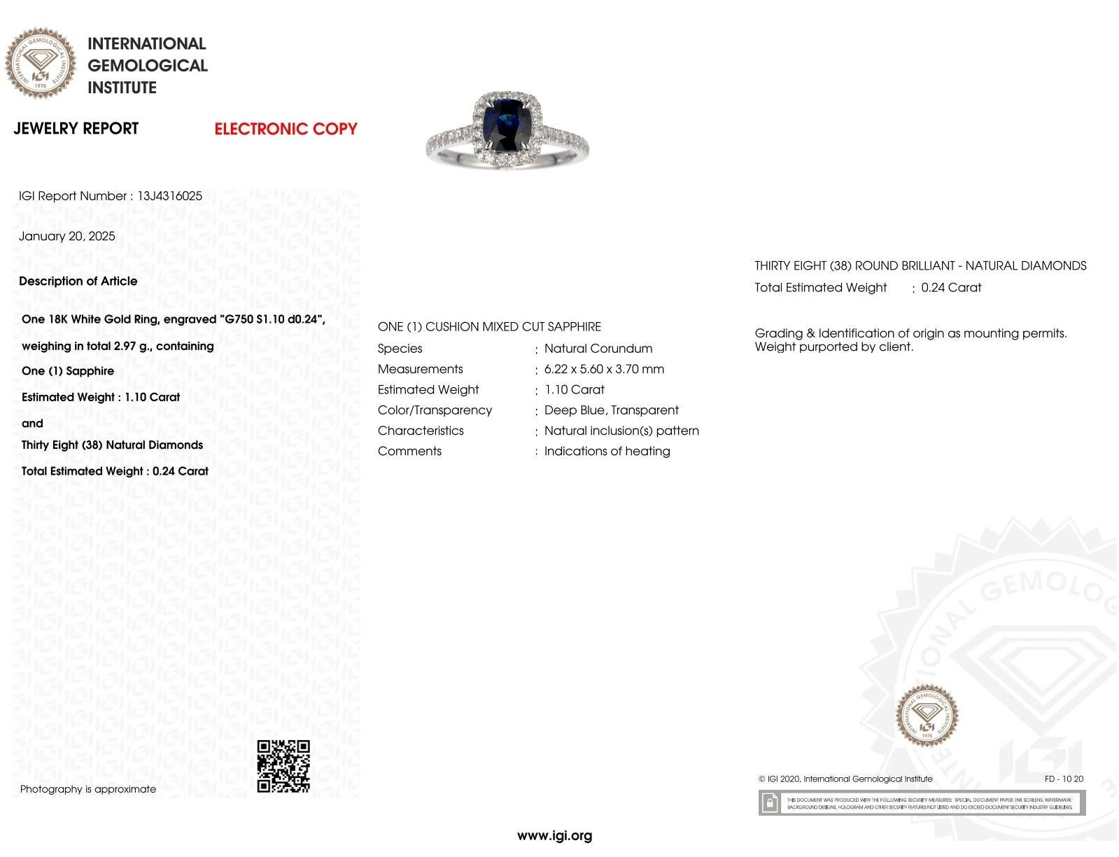 IGI-zertifizierter 1,10 Karat blauer Saphir & Diamantring aus 18 Karat Weißgold im Angebot 10