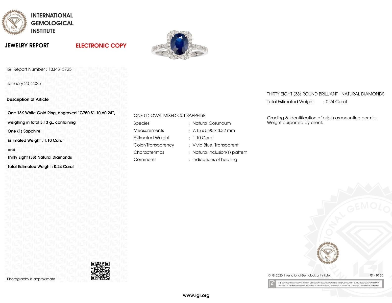 Modern IGI Certified 1.10  Carat Blue Sapphire & Diamond Ring in 18K White Gold For Sale