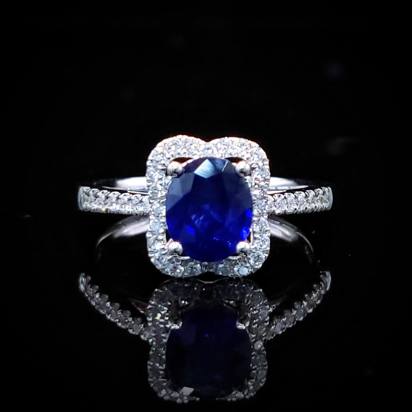 Oval Cut IGI Certified 1.10  Carat Blue Sapphire & Diamond Ring in 18K White Gold For Sale