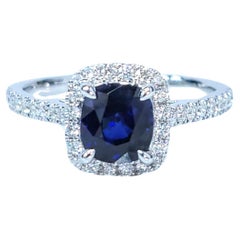 Bague en or blanc 18 carats avec saphir bleu de 1,10 carat et diamant certifié IGI