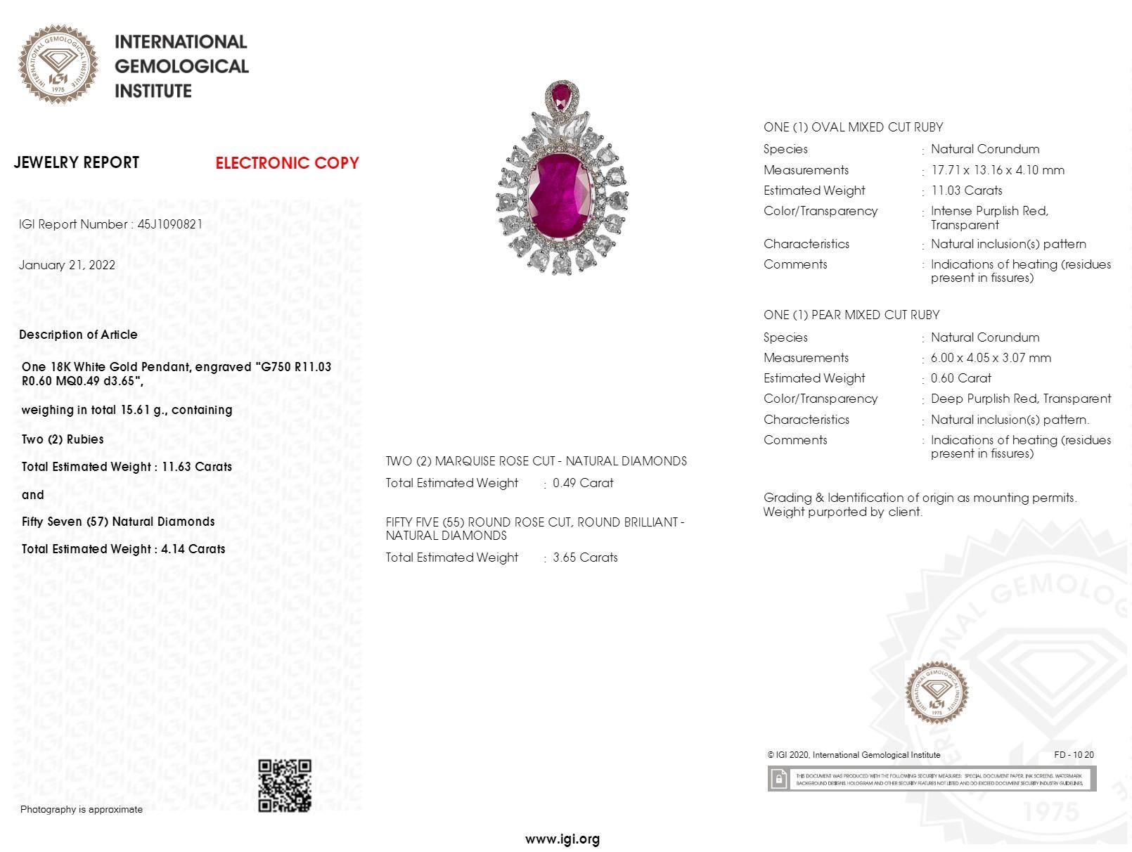 IGI Certified 11.03 Carat Ruby & Diamond Pendent in 18K White Gold For Sale 7