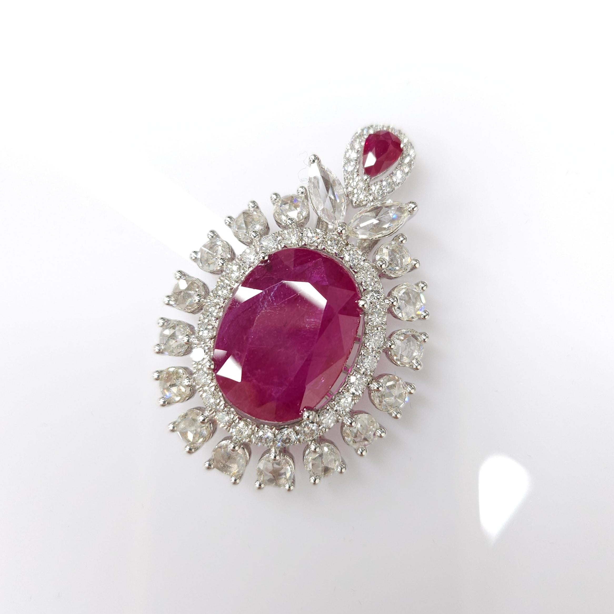 Oval Cut IGI Certified 11.03 Carat Ruby & Diamond Pendent in 18K White Gold For Sale