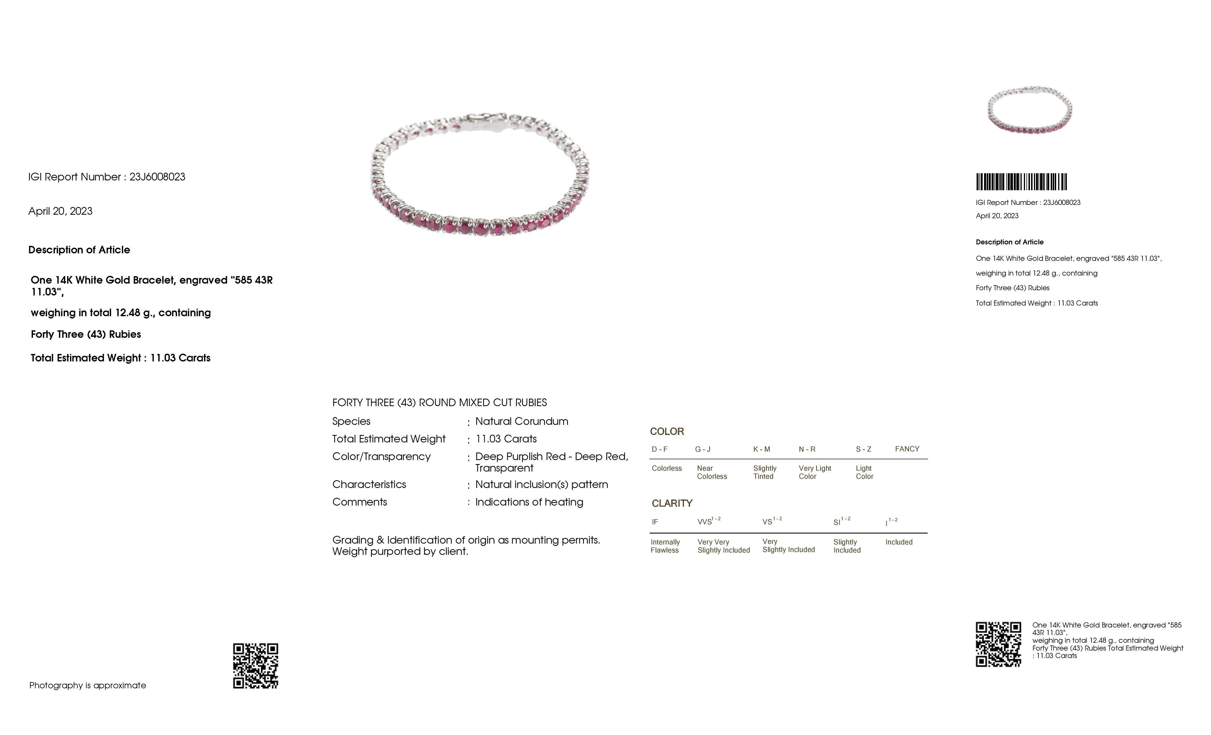 IGI Certified 11.03ct Natural Rubies 14K White Gold Bracelet 1