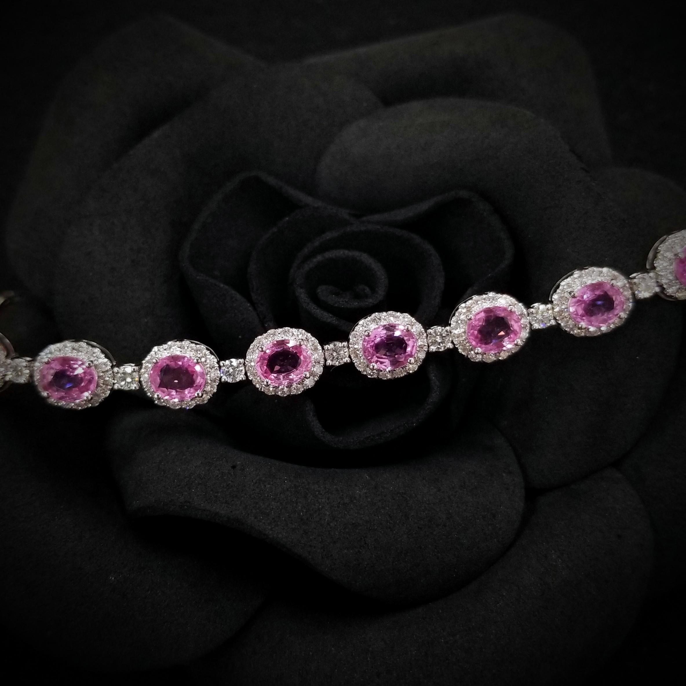 Modern IGI Certified 11.08ct Pink Sapphire & Diamond Eterity Bracelet in 18K White Gold For Sale
