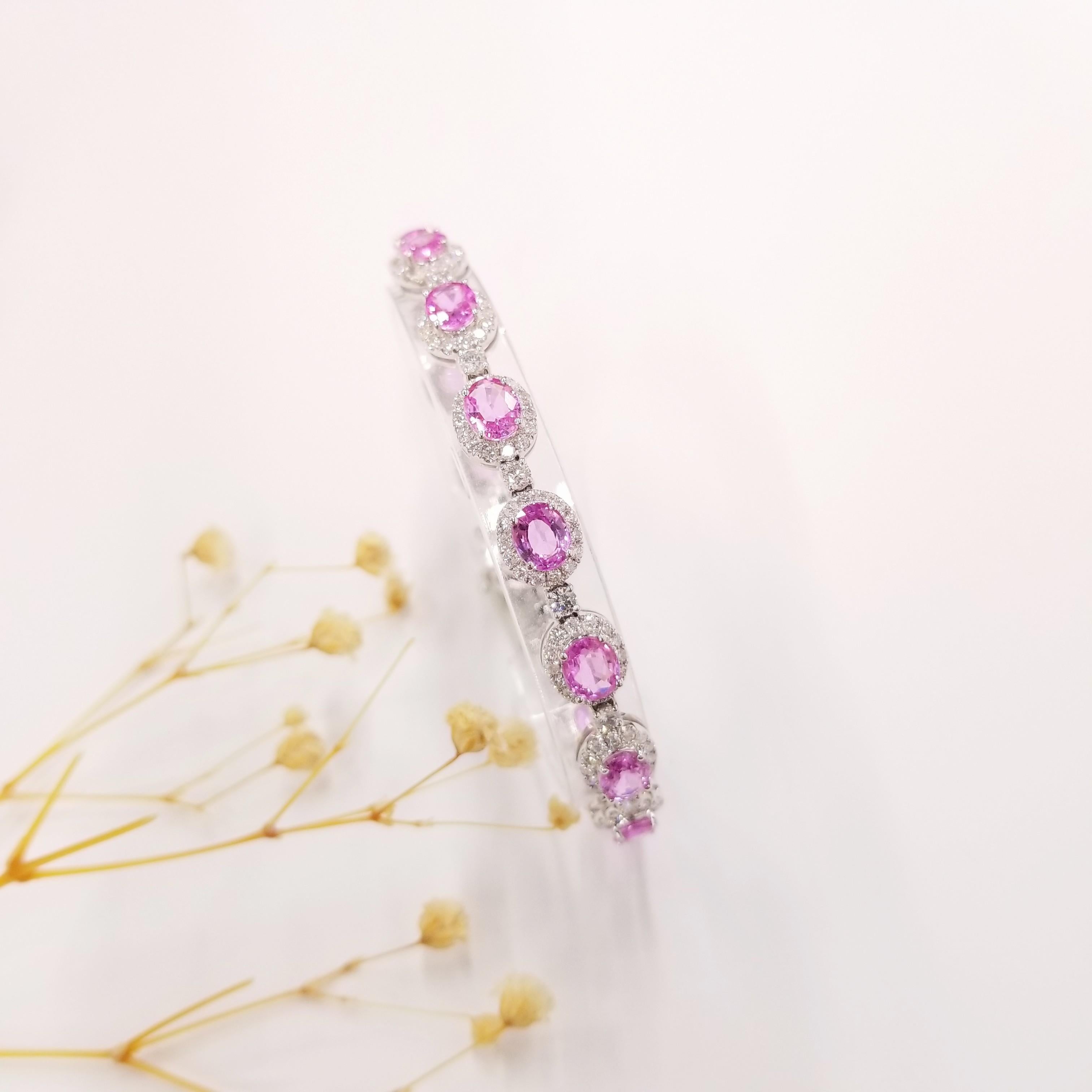 Oval Cut IGI Certified 11.08ct Pink Sapphire & Diamond Eterity Bracelet in 18K White Gold For Sale