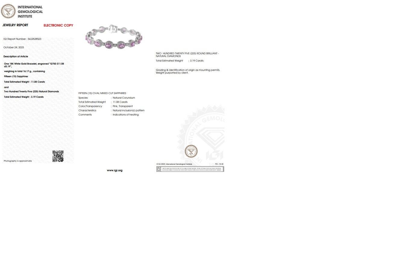 IGI Certified 11.08ct Pink Sapphire & Diamond Eterity Bracelet in 18K White Gold In New Condition For Sale In KOWLOON, HK
