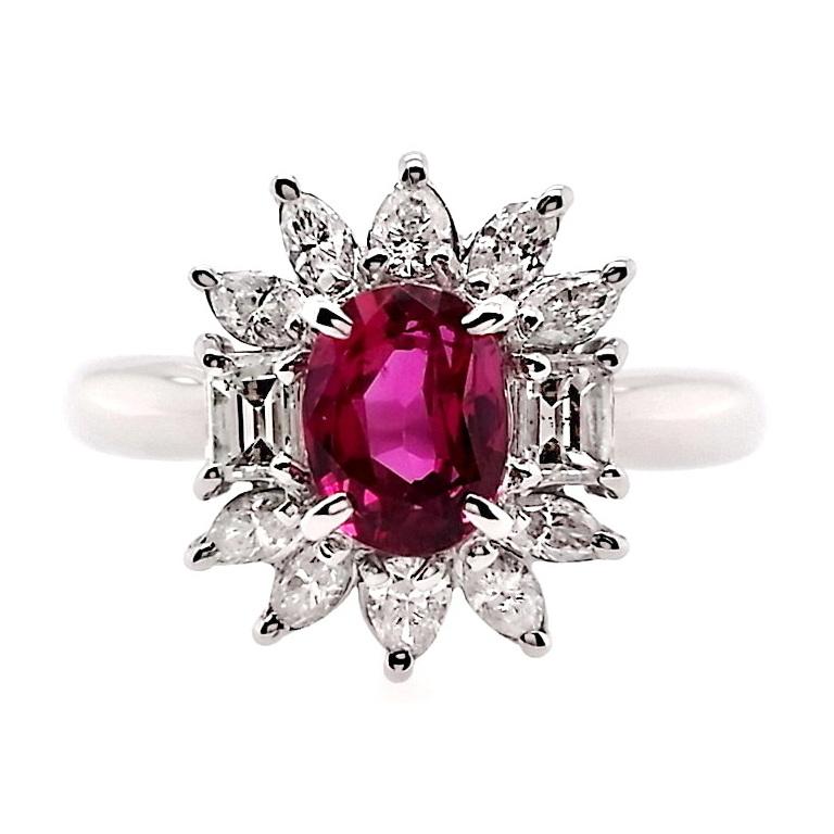 Unveil the allure of nature's masterpiece with this untreated ruby of rare brilliance, vivid-purplish-red colour, set in a distinguished design. Paired with brilliant natural diamonds and set on a platinum ring, this red gem exudes timeless