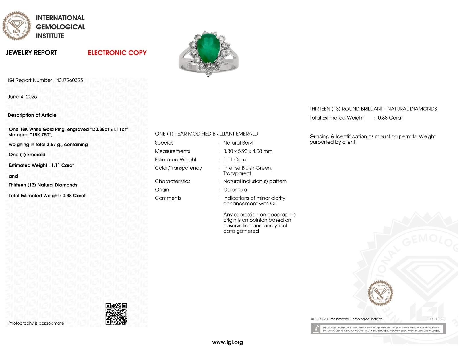Bague certifiée IGI de 1,11 carat d'émeraude colombienne et de diamant en vente 5