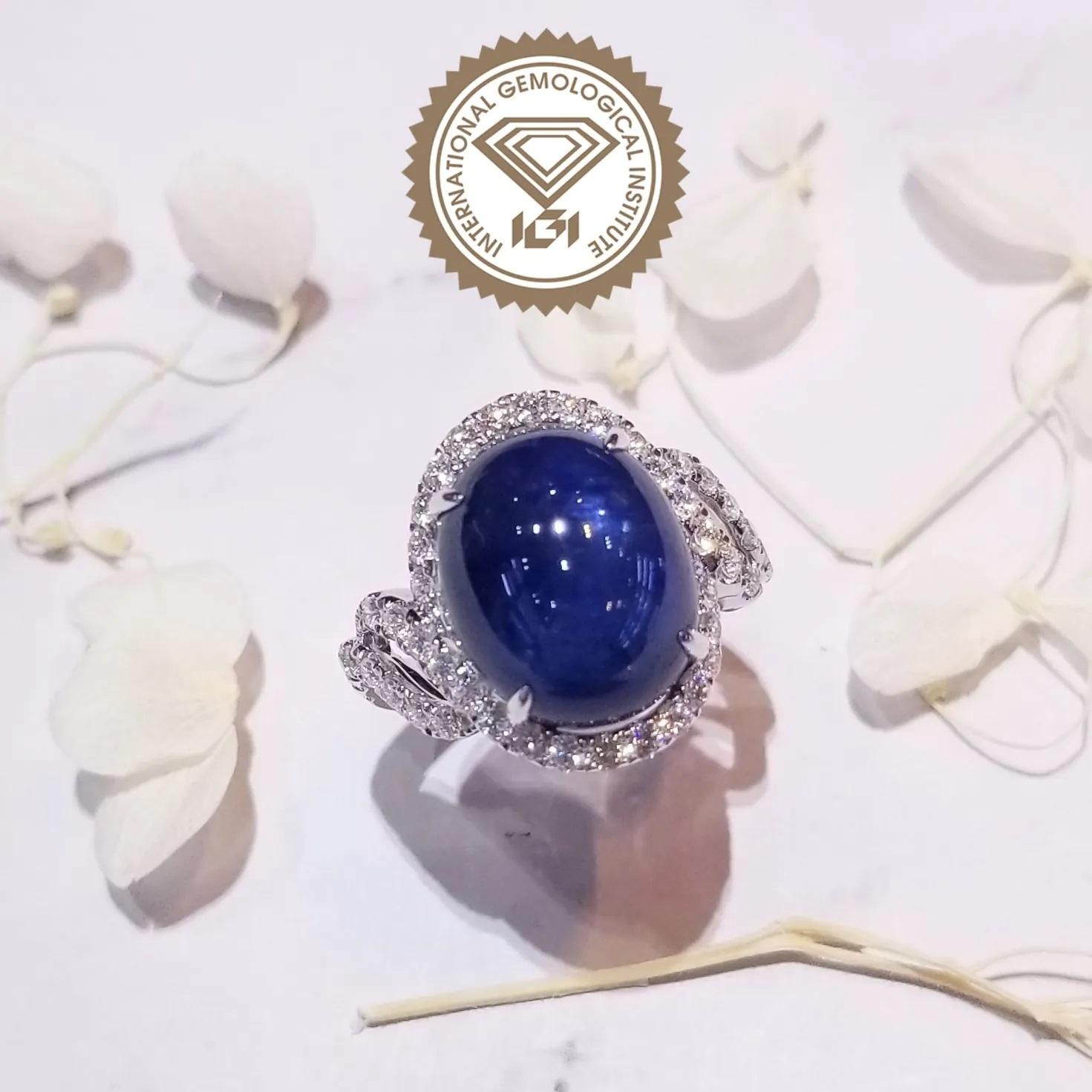 Modern IGI Certified 11.12 Carat Blue Cabochon Sapphire & Diamond Ring in 18K WhiteGold For Sale