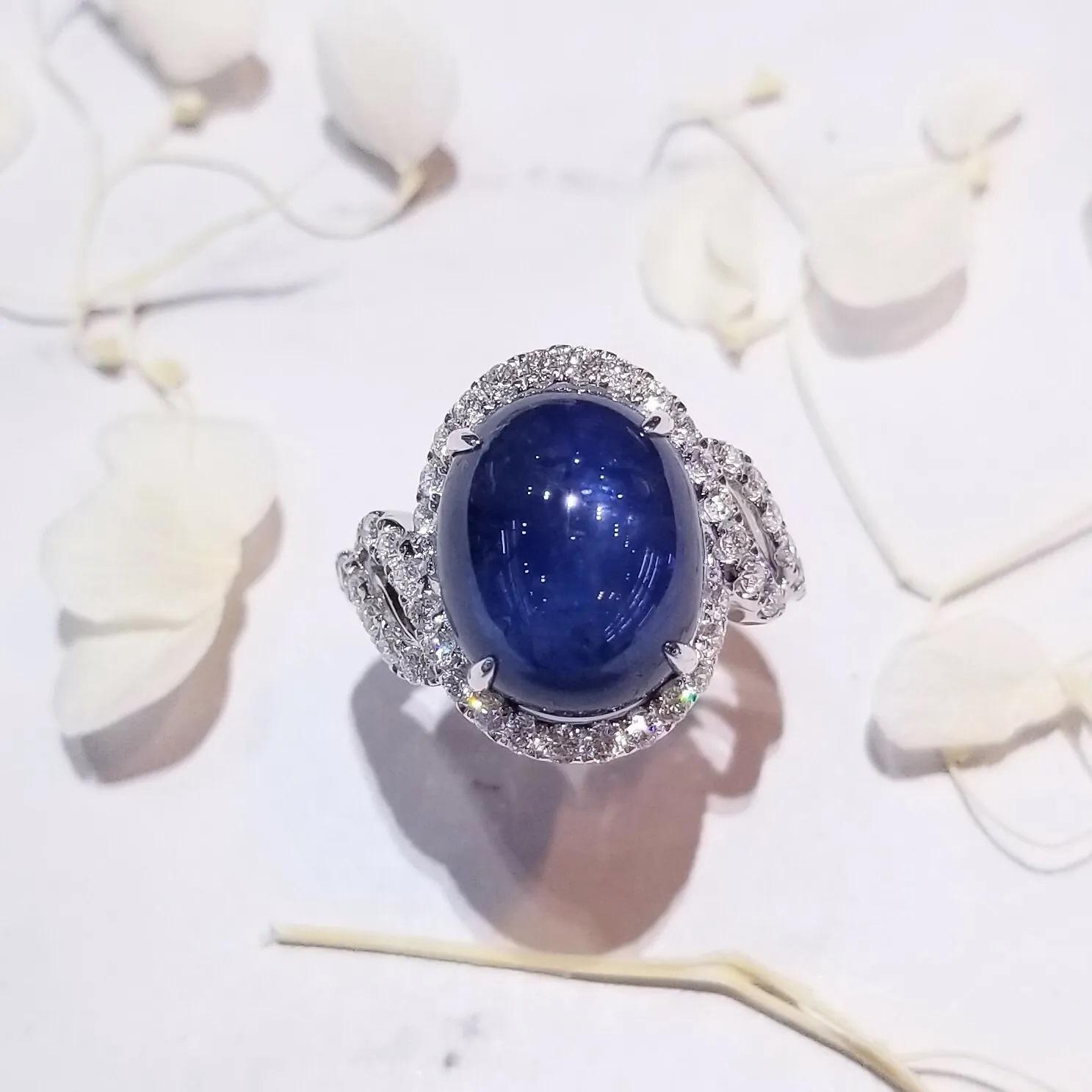 Women's IGI Certified 11.12 Carat Blue Cabochon Sapphire & Diamond Ring in 18K WhiteGold For Sale