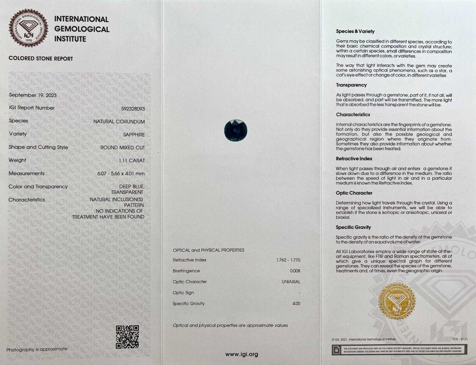 IGI zertifiziert 1.11Ct natürlichen blauen Saphir unbehandelt ungehärtet seltenen Edelstein im Angebot 1
