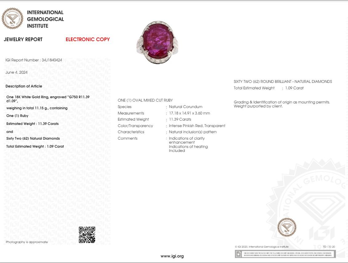 IGI Certified 11.39 Carat Ruby & Diamond Ring in 18K White Gold For Sale 5