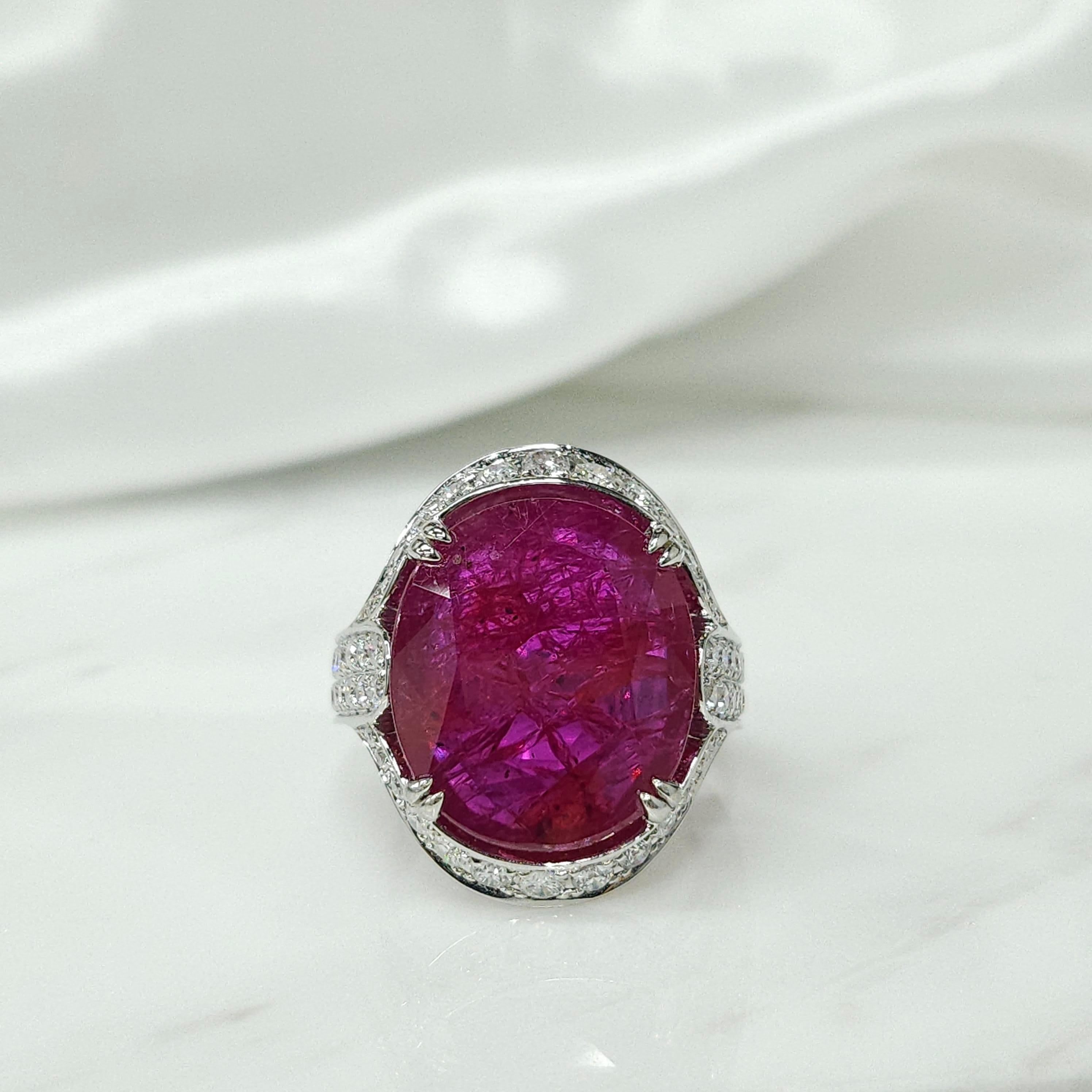 Oval Cut IGI Certified 11.39 Carat Ruby & Diamond Ring in 18K White Gold For Sale