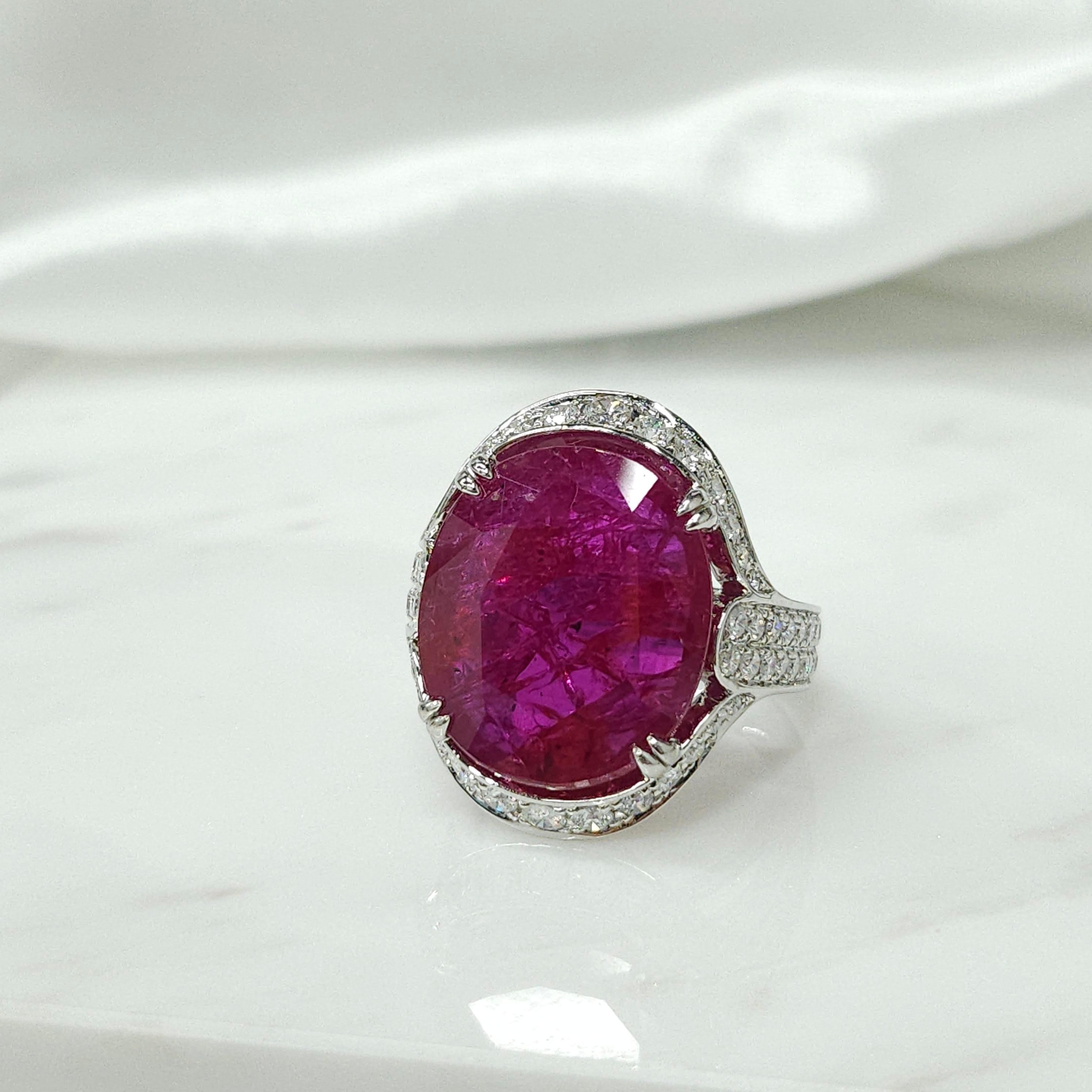 Women's IGI Certified 11.39 Carat Ruby & Diamond Ring in 18K White Gold For Sale