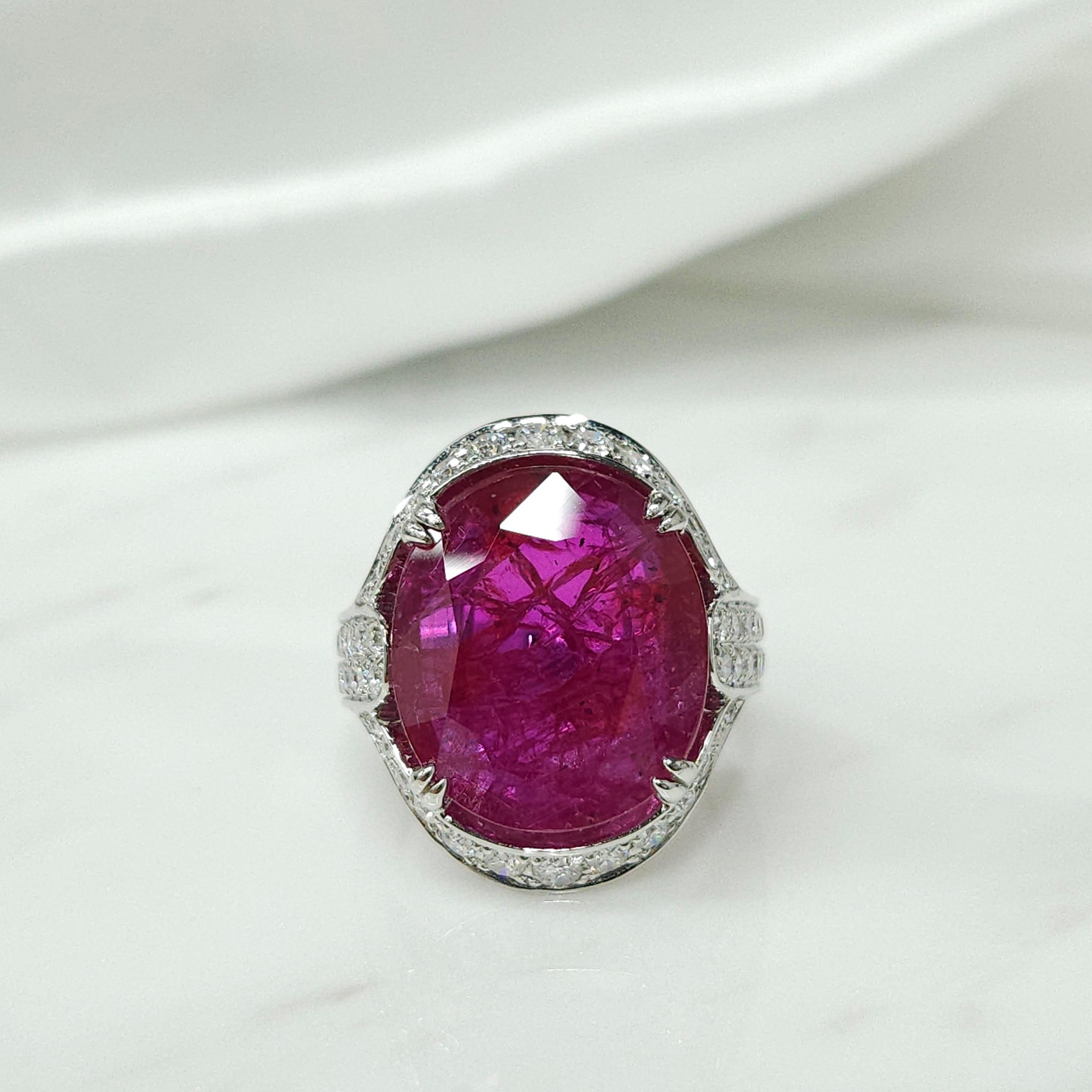 IGI Certified 11.39 Carat Ruby & Diamond Ring in 18K White Gold For Sale 1