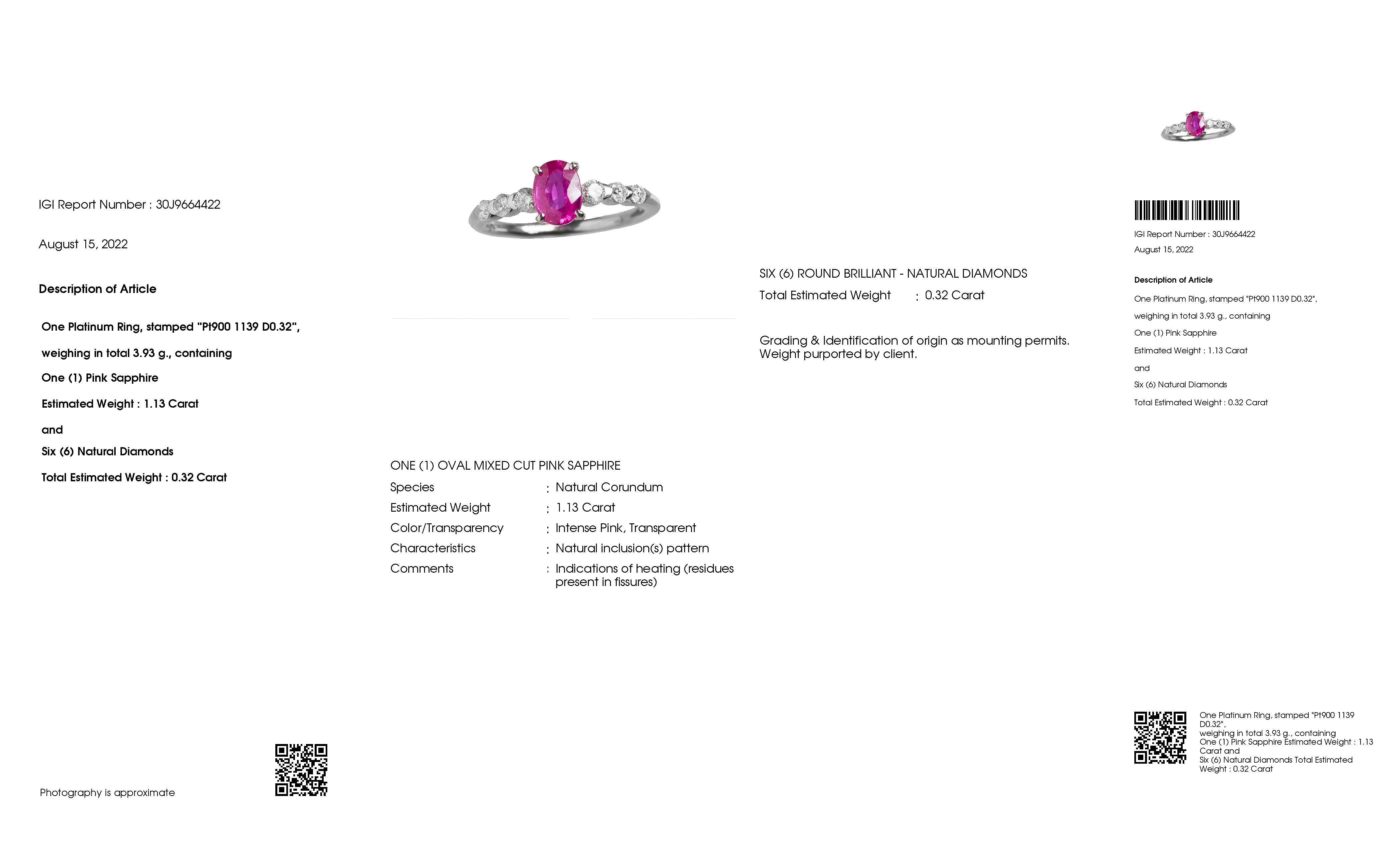 IGI Certified 1.13ct Pink-Sapphire and 0.32ct Natural Diamonds Platinum Ring For Sale 2