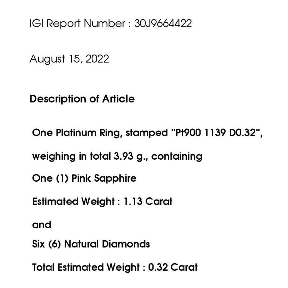 IGI Certified 1.13ct Pink-Sapphire and 0.32ct Natural Diamonds Platinum Ring For Sale 4