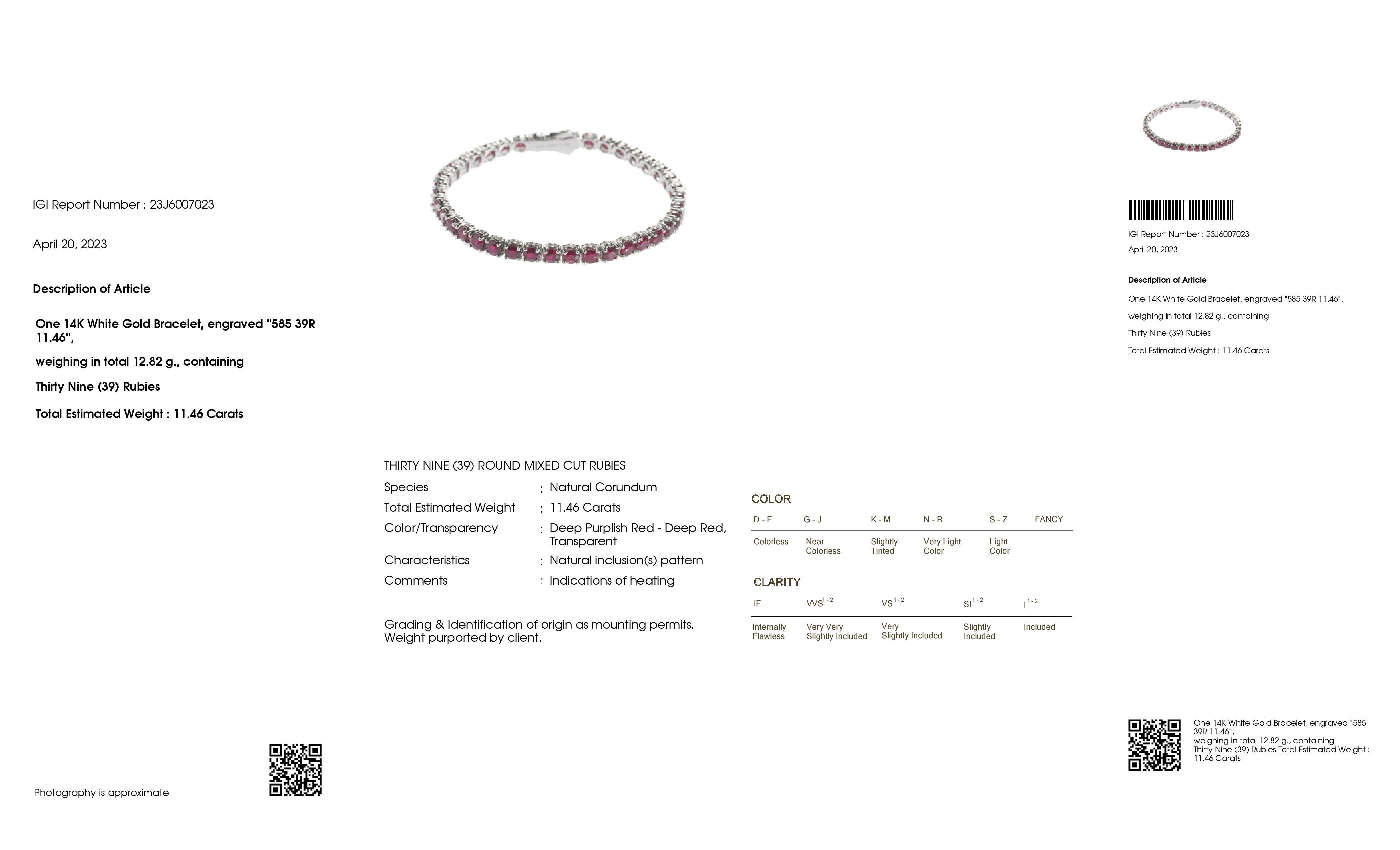 IGI Certified 11.46ct Natural Rubies 14K White Gold Bracelet For Sale 1
