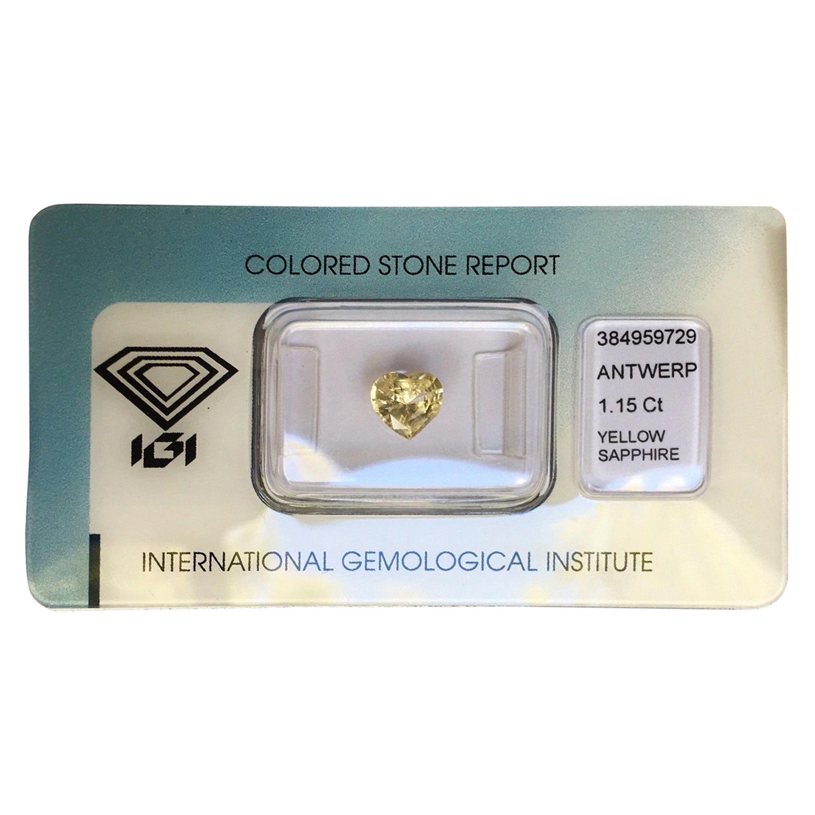 IGI Certified 1.15 Carat Ceylon Yellow Sapphire Heart Cut Loose Blister Gem