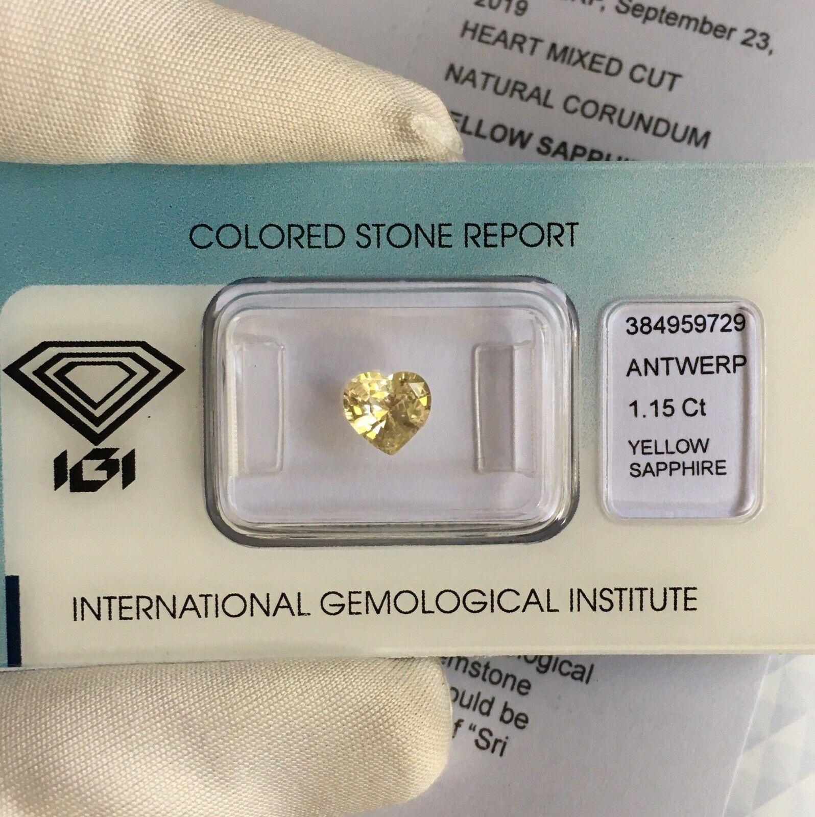 Natural Ceylon Sapphire with a stunning bright yellow colour.
1.15 carat stone so a good size, with an excellent heart cut. 

Fully certified by IGI in Antwerp, one of the best and most well equipped gem labs.

Confirmed as Untreated and Sri Lankan