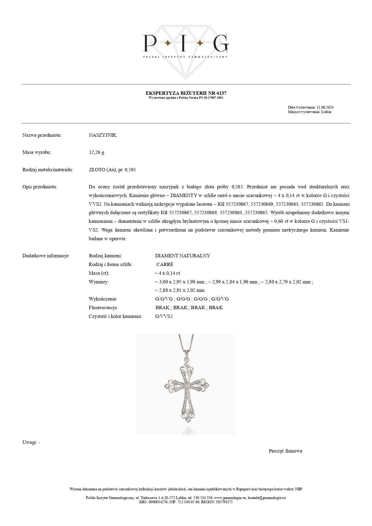 Taille mixte Collier croix en or blanc 14 carats avec diamant certifié IGI de 1,16 carat en vente