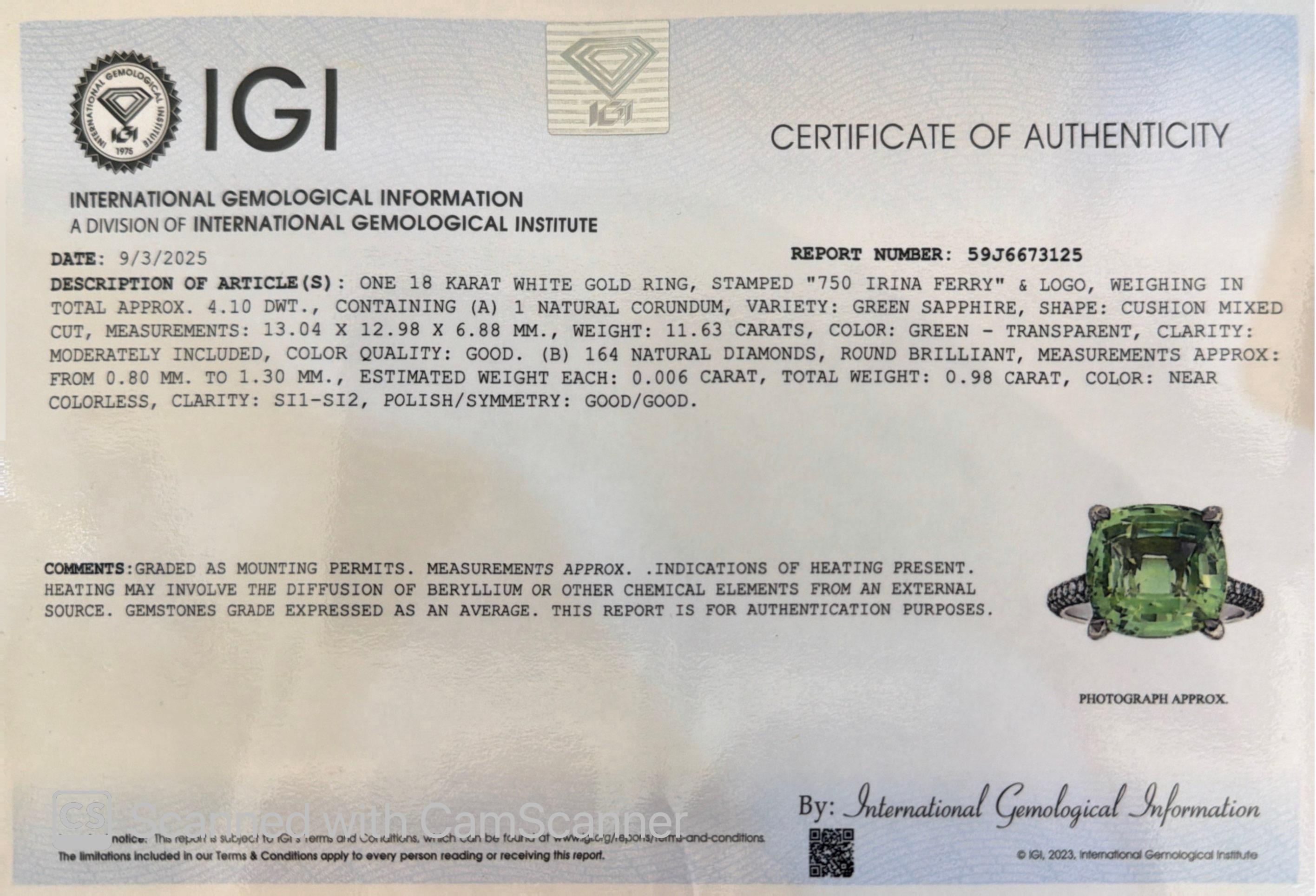 Anello di fidanzamento in oro bianco 18 carati con zaffiro verde da 11,63 carati certificato IGI in vendita 14