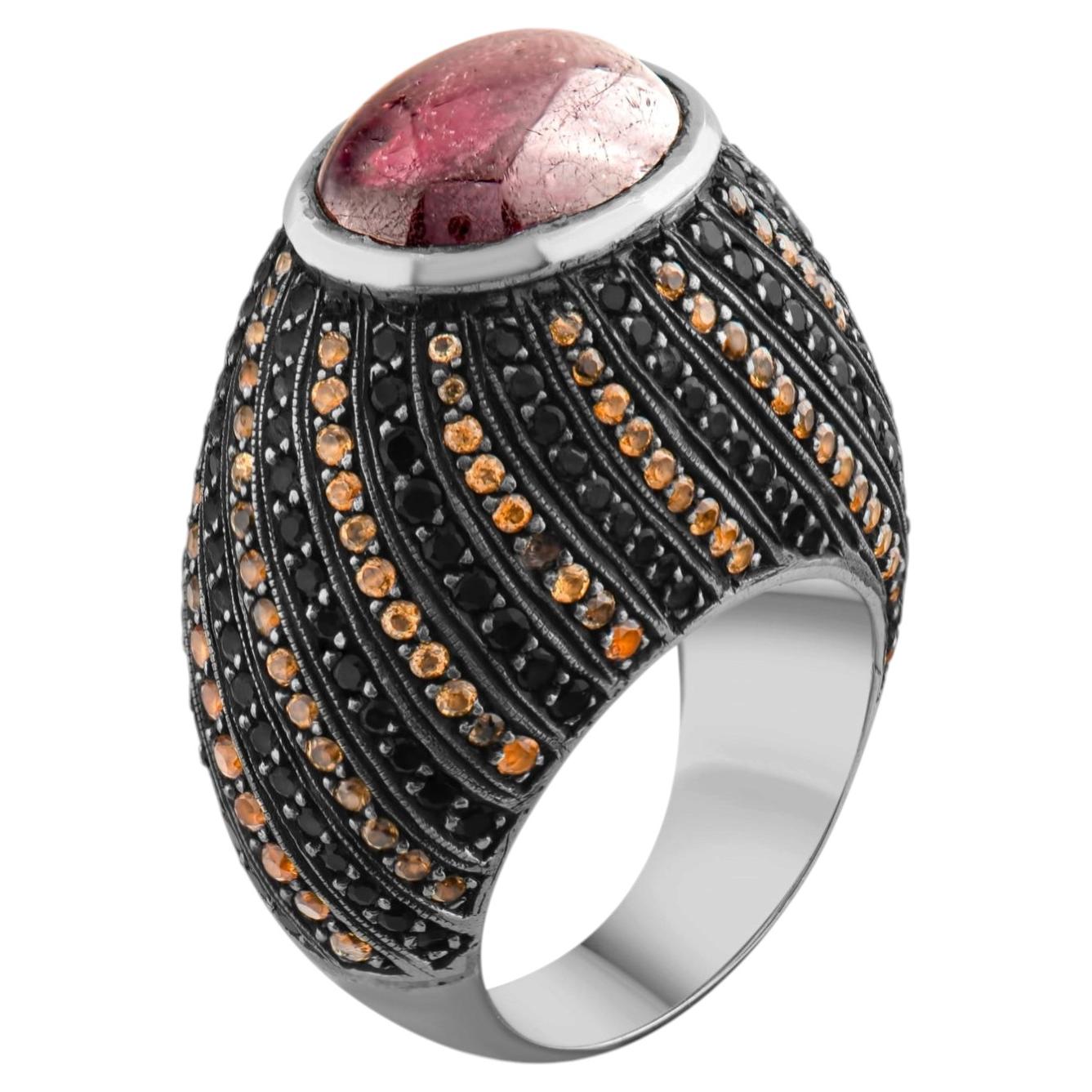 IGI Certified 11.67 Carat Ruby, Citrine and Black Diamond Statement Ring 8K Gold