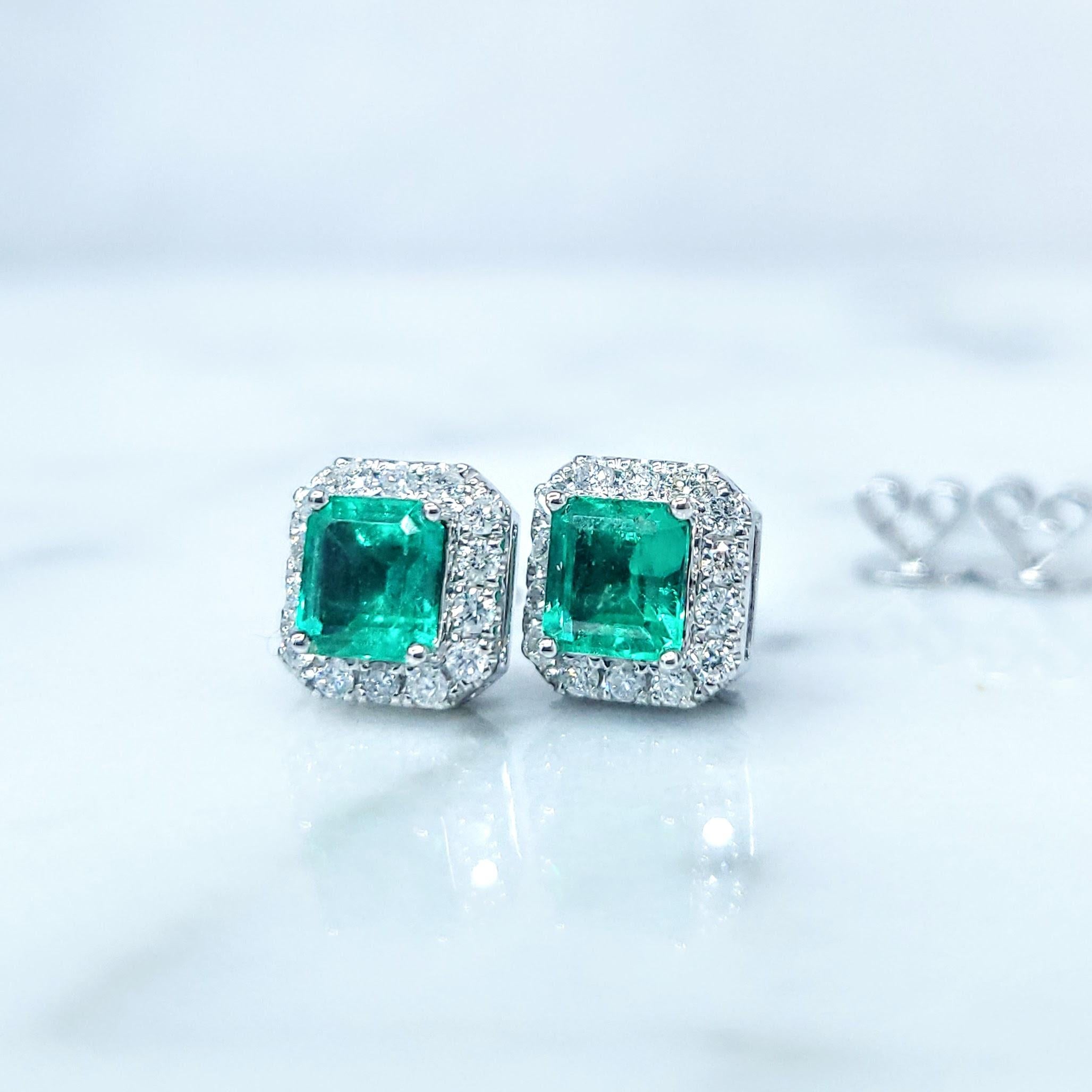 IGI Certified 1.17 Carat Colombian Emerald & Diamond Earrings in 18K White Gold 4
