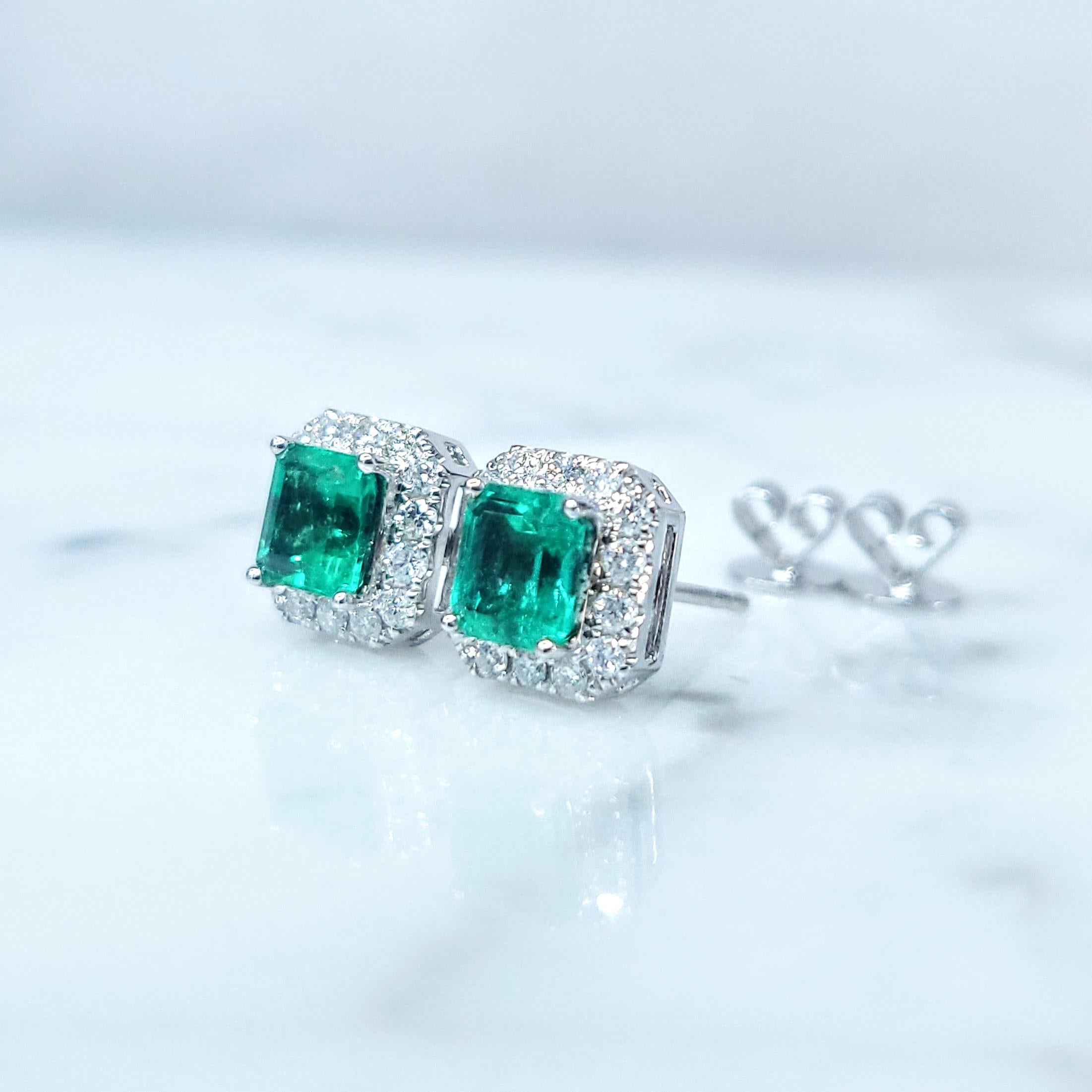 IGI Certified 1.17 Carat Colombian Emerald & Diamond Earrings in 18K White Gold 5
