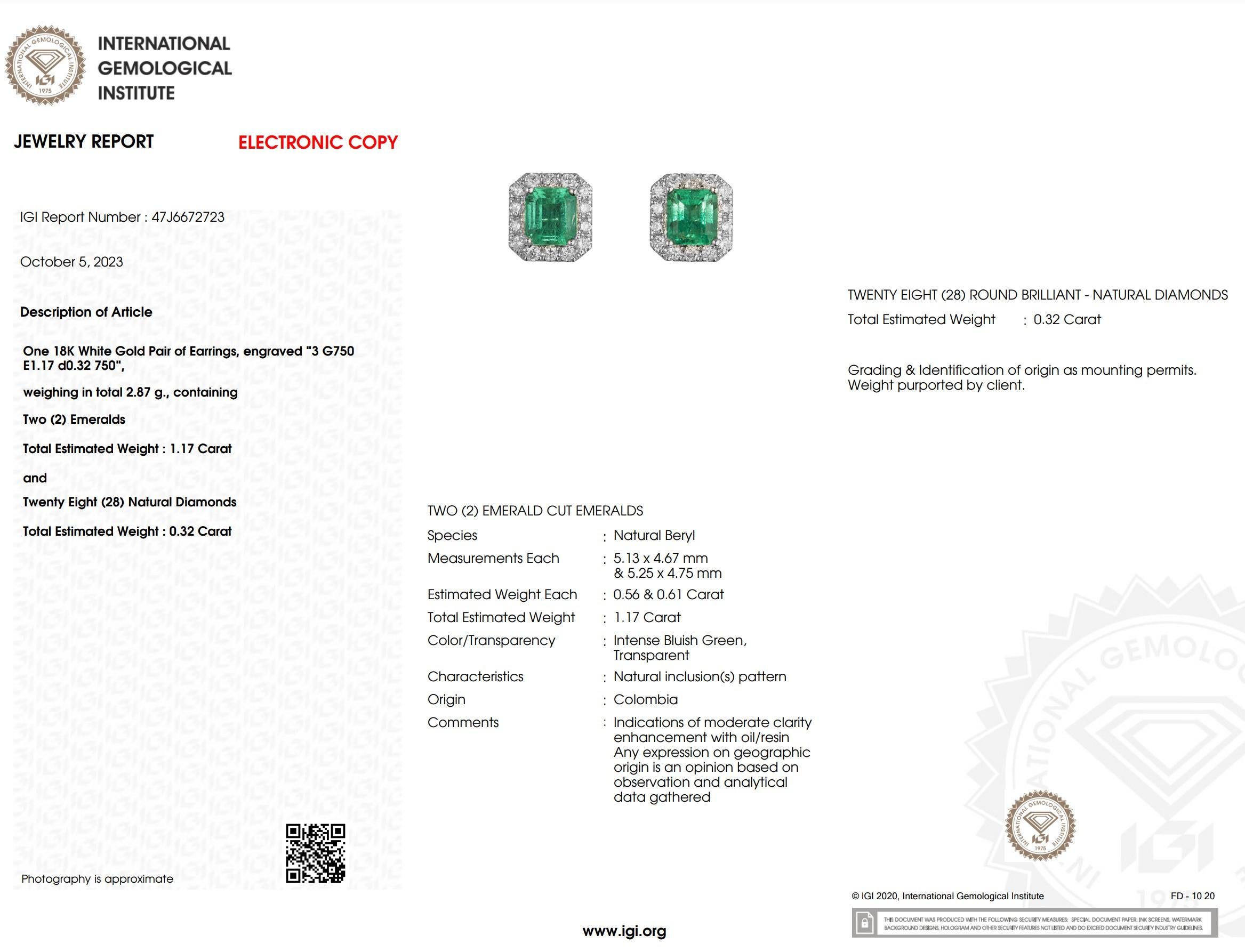 IGI Certified 1.17 Carat Colombian Emerald & Diamond Earrings in 18K White Gold 7