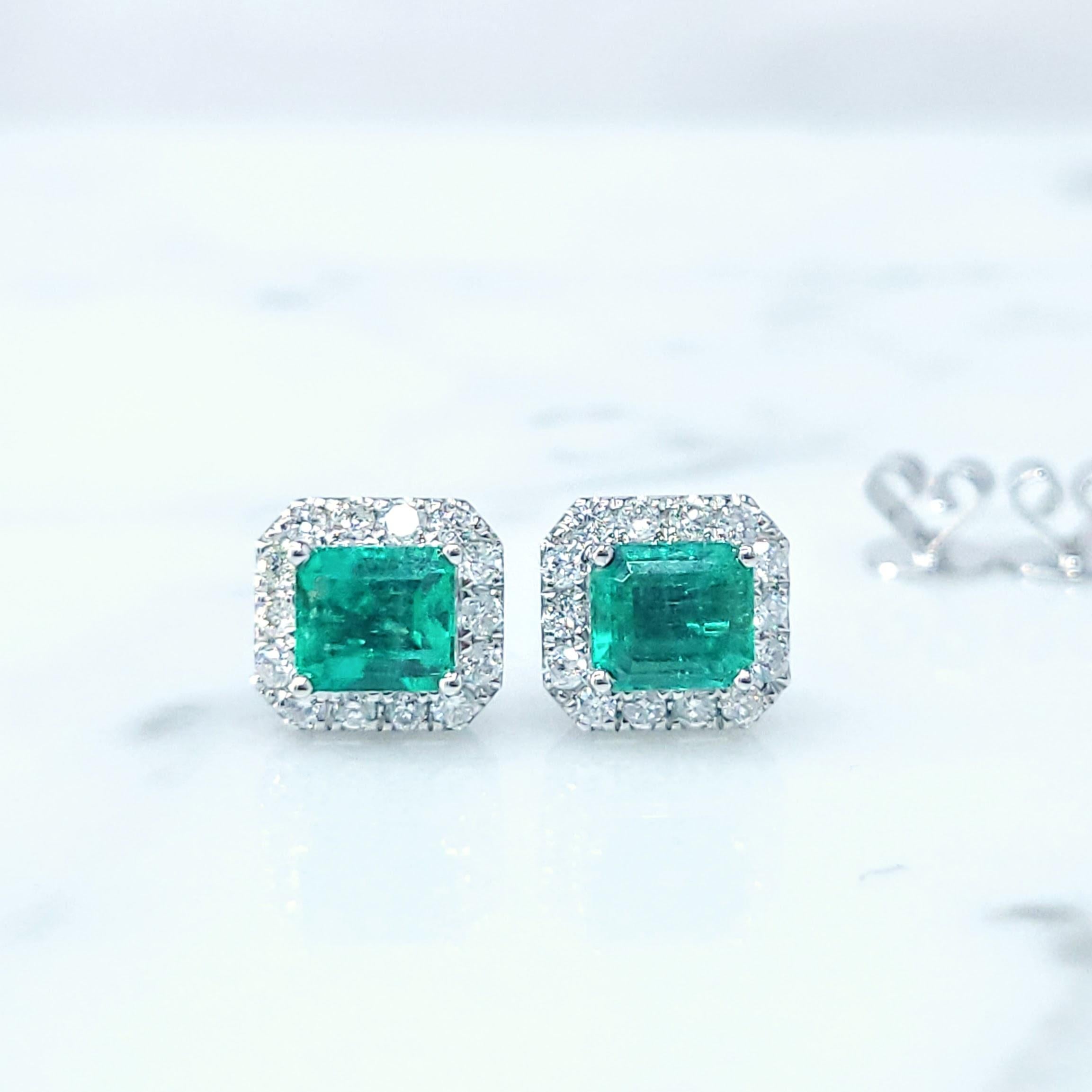 IGI Certified 1.17 Carat Colombian Emerald & Diamond Earrings in 18K White Gold 1