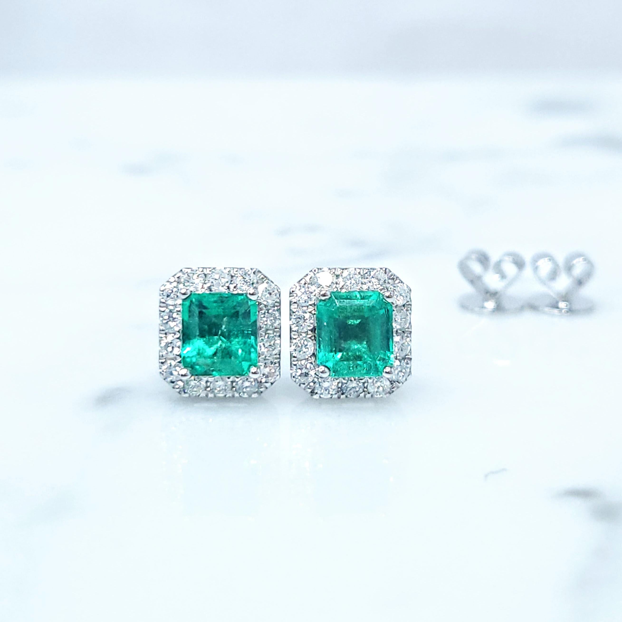 IGI Certified 1.17 Carat Colombian Emerald & Diamond Earrings in 18K White Gold 2
