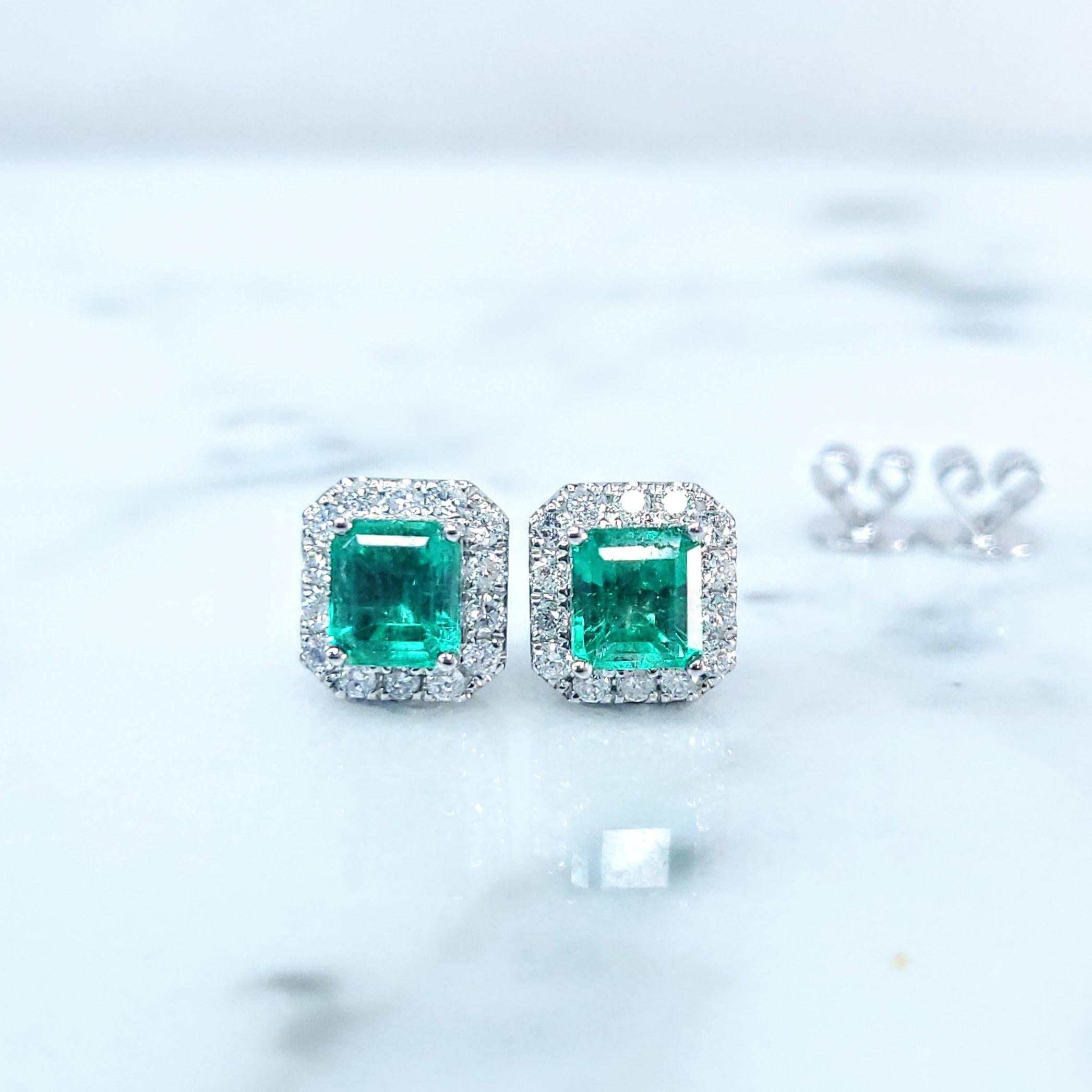 IGI Certified 1.17 Carat Colombian Emerald & Diamond Earrings in 18K White Gold 3