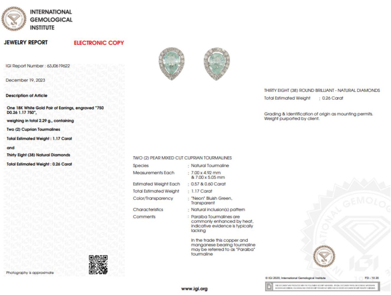 Orecchini con Paraiba e diamanti da 1,17 carati certificati IGI in oro bianco 18 carati in vendita 3