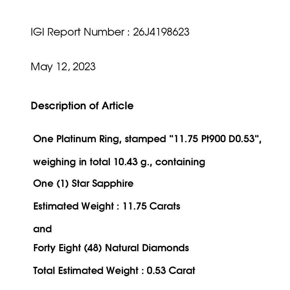 IGI Certified 11.7ct Untreated Star Sapphire and 0.53ct Diamonds Platinum Ring 4
