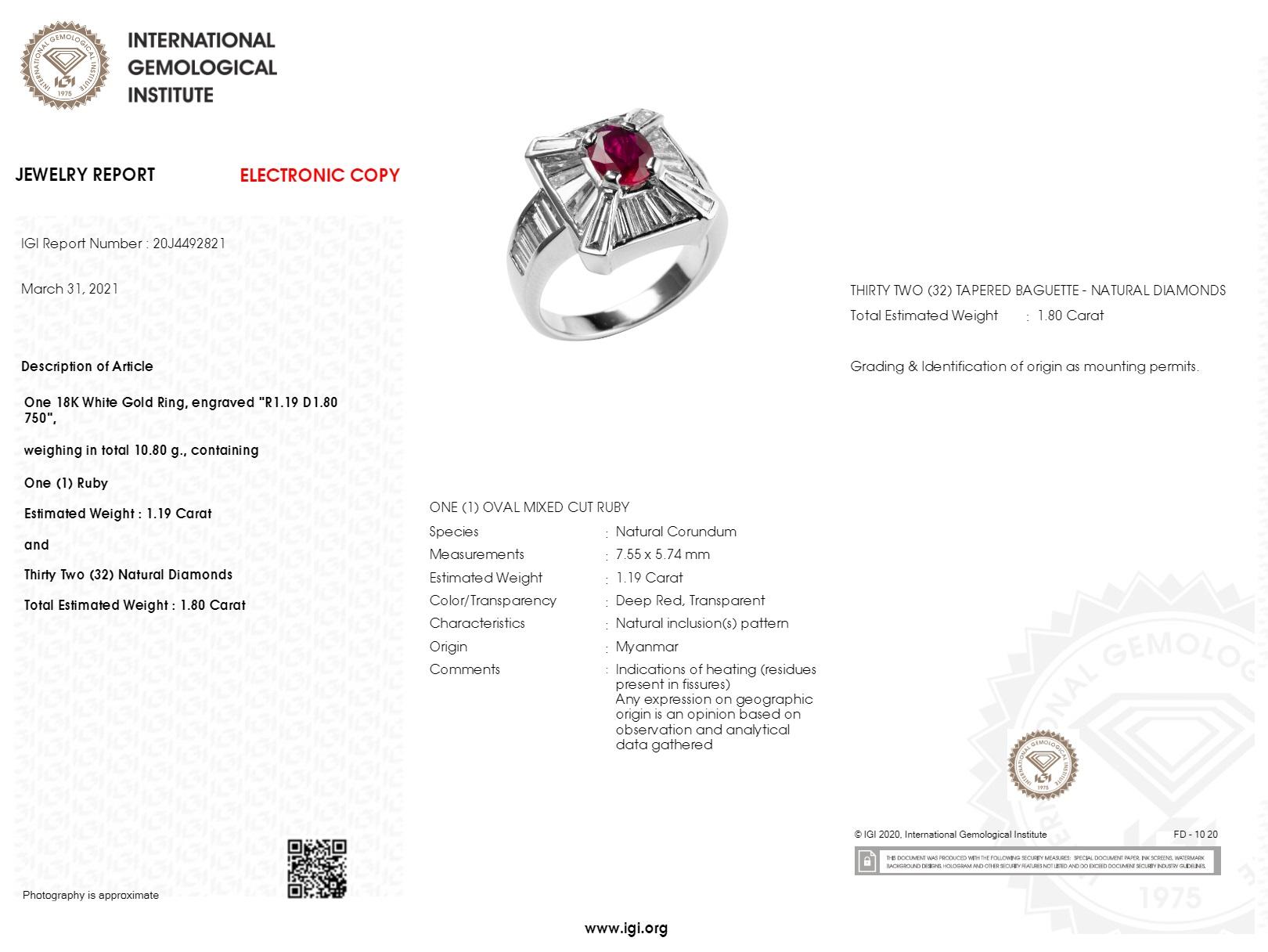 IGI Certified 1.19 Carat Burma Ruby & Diamond Ring in 18K White Gold For Sale 3