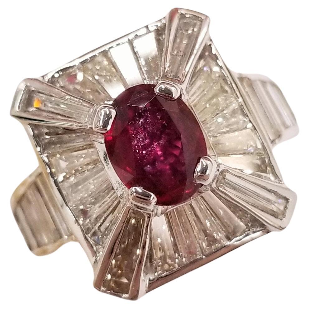 Art Deco IGI Certified 1.19 Carat Burma Ruby & Diamond Ring in 18K White Gold For Sale