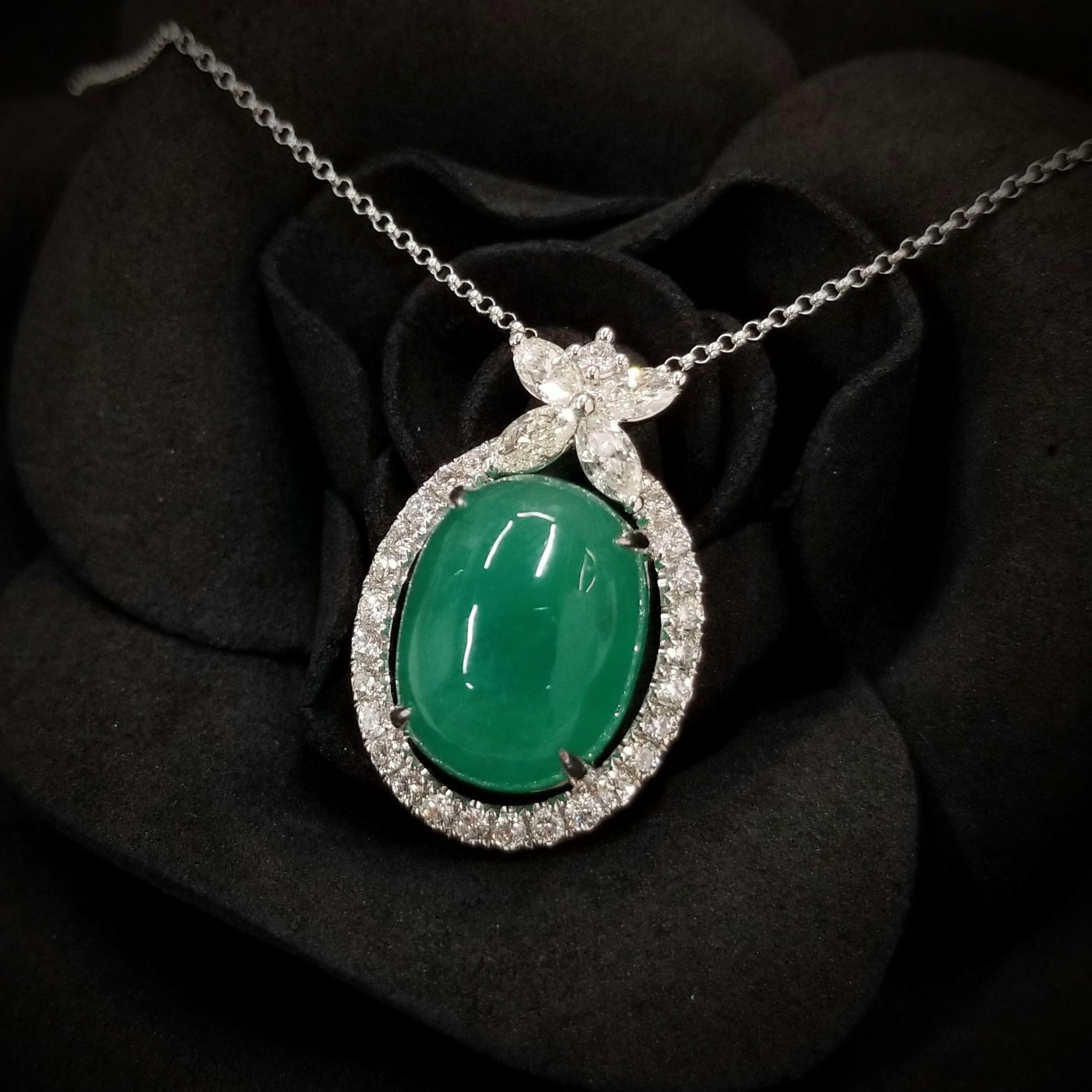 IGI Certified 12.09 Carat Cabochon Emerald & Diamond Pendent in 18K White Gold In New Condition For Sale In KOWLOON, HK