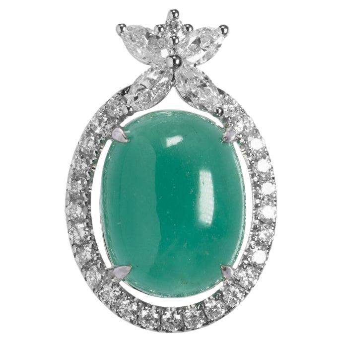 IGI Certified 12.09 Carat Cabochon Emerald & Diamond Pendent in 18K White Gold For Sale