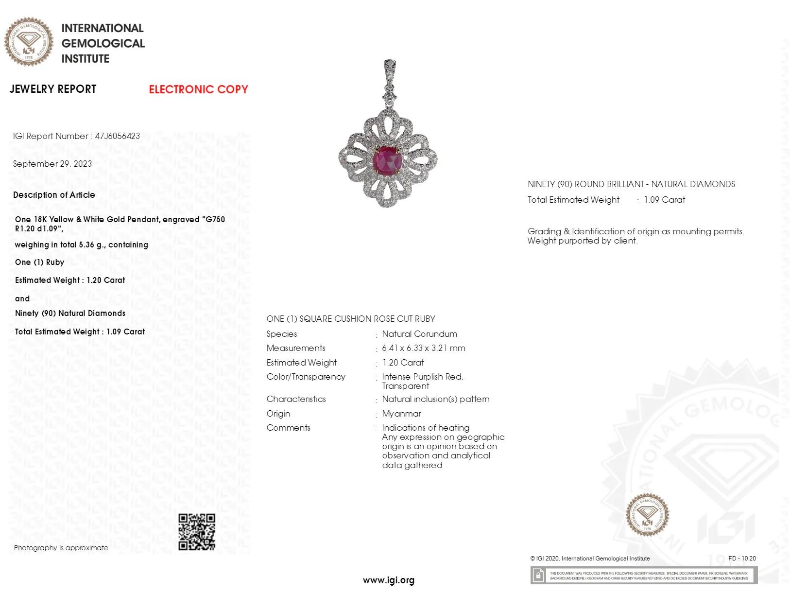 Entdecken Sie den fesselnden Charme dieses eleganten Anhängers, der einen wunderschönen 1,20 Karat schweren natürlichen Rubin aus den geschätzten Minen von Burma (Myanmar) präsentiert. Der einzigartige quadratische Rosenschliff betont den intensiven