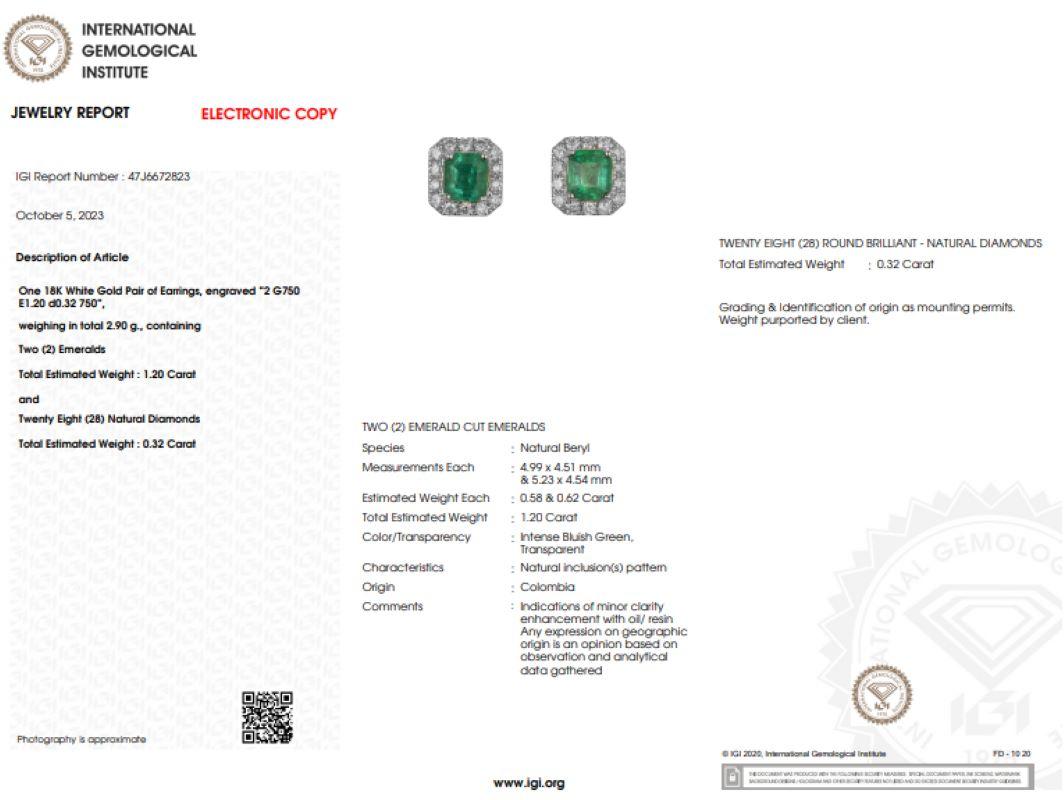 Moderne Boucles d'oreilles en or blanc 18 carats avec émeraude colombienne certifiée IGI de 1,20ct et diamant en vente